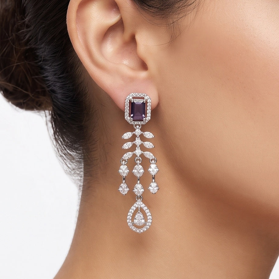 Amethyst Royale – Premium Women’s Y-Drop Necklace & Earring Set in Silver Finish