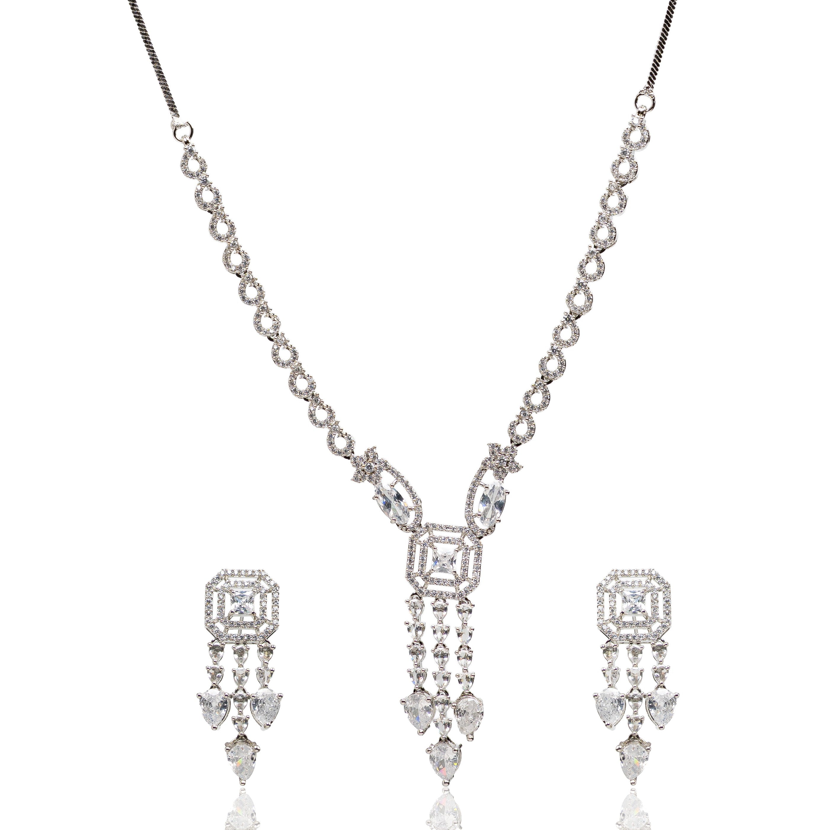 Crystal Cascade – Premium Women’s Y-Drop Necklace & Earring Set in Silver Finish