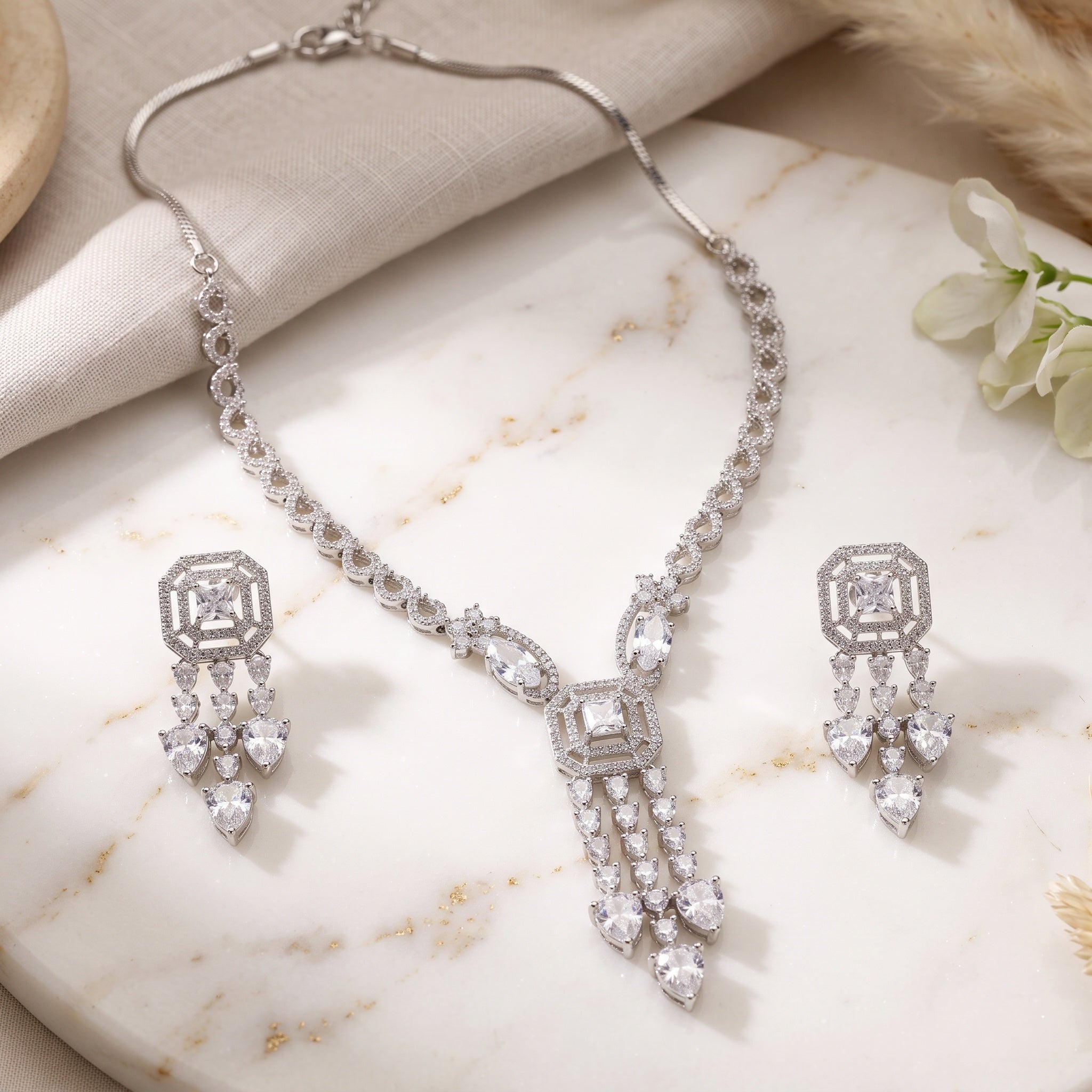 Crystal Cascade – Premium Women’s Y-Drop Necklace & Earring Set in Silver Finish