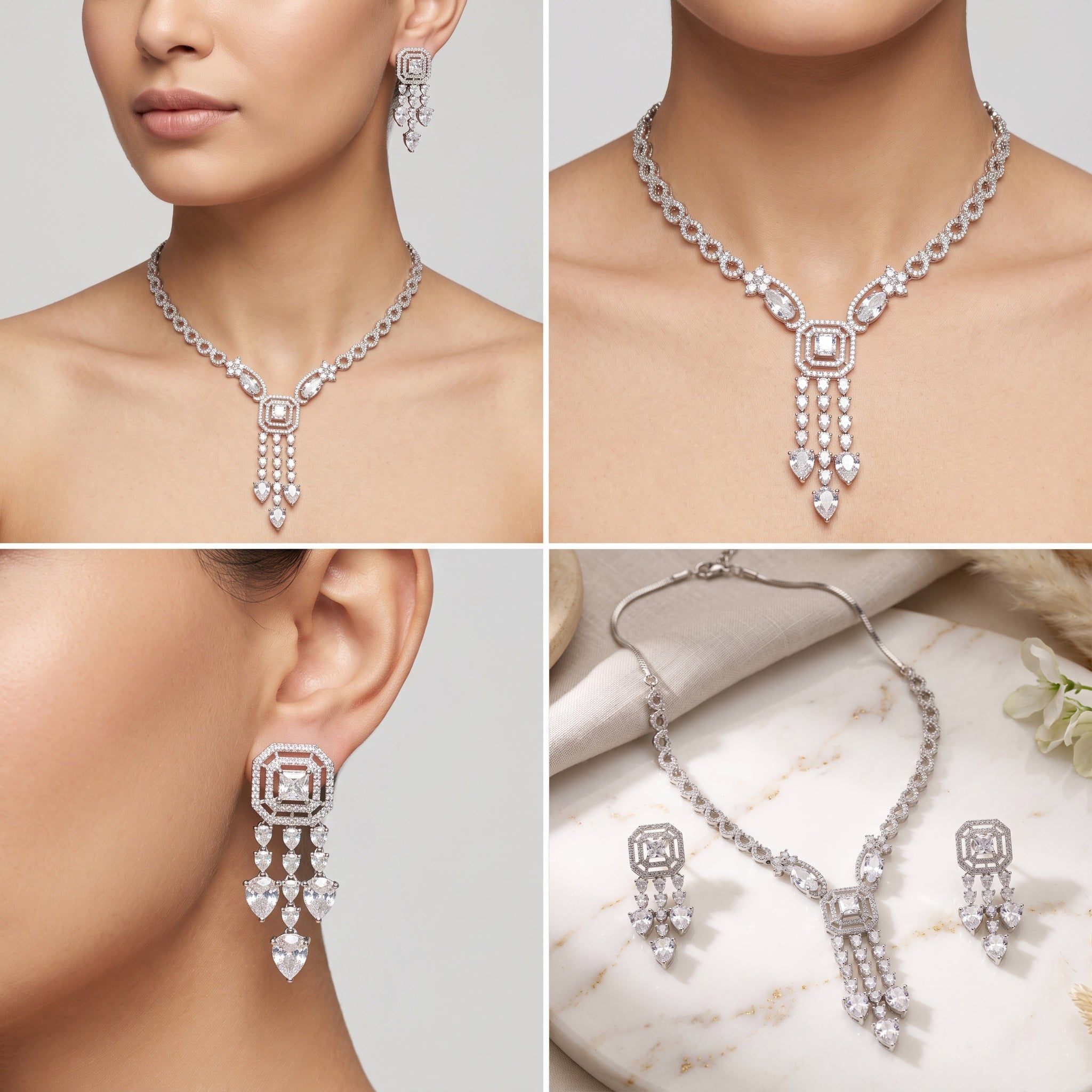 Crystal Cascade – Premium Women’s Y-Drop Necklace & Earring Set in Silver Finish