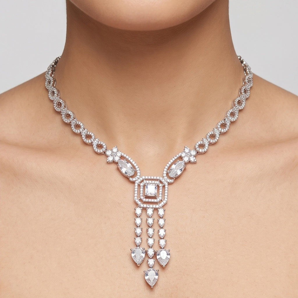 Crystal Cascade – Premium Women’s Y-Drop Necklace & Earring Set in Silver Finish