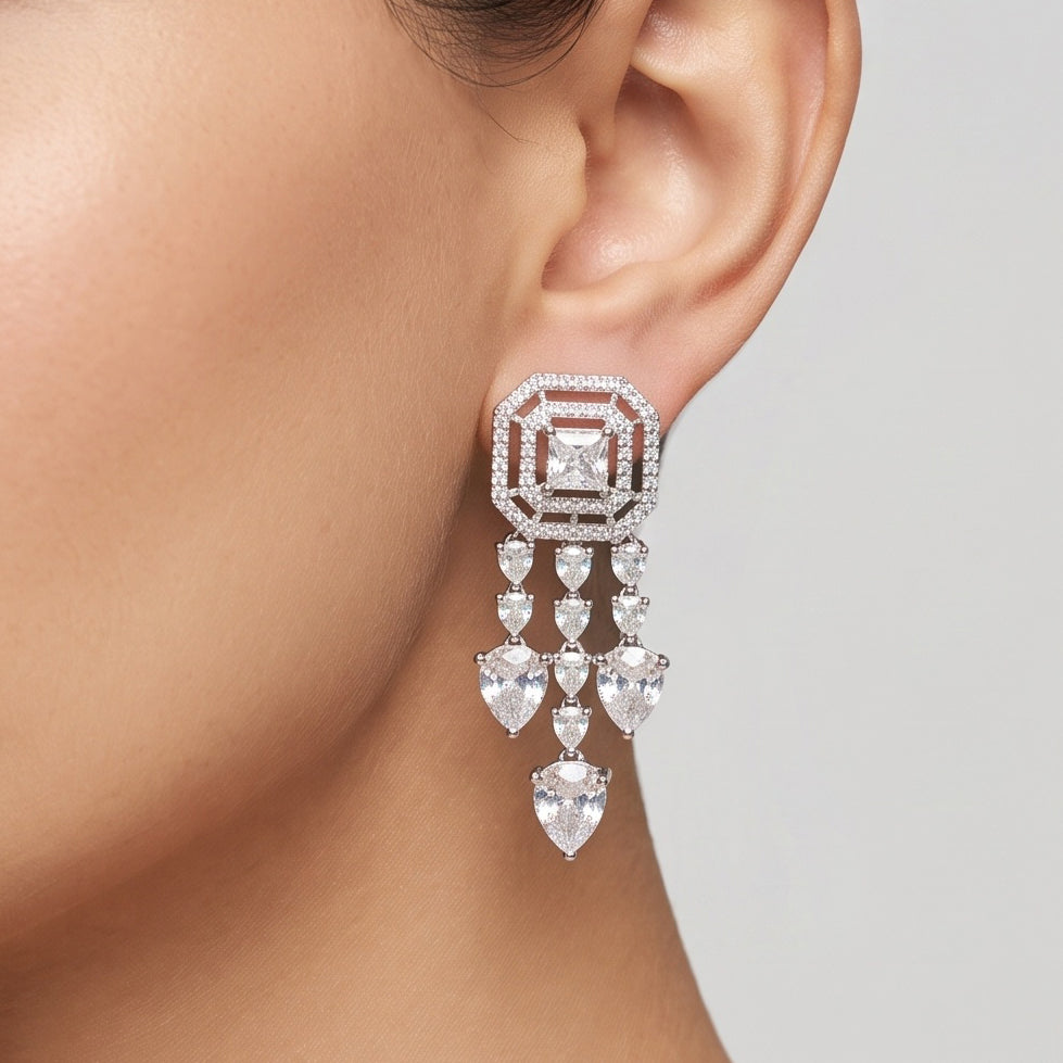 Crystal Cascade – Premium Women’s Y-Drop Necklace & Earring Set in Silver Finish