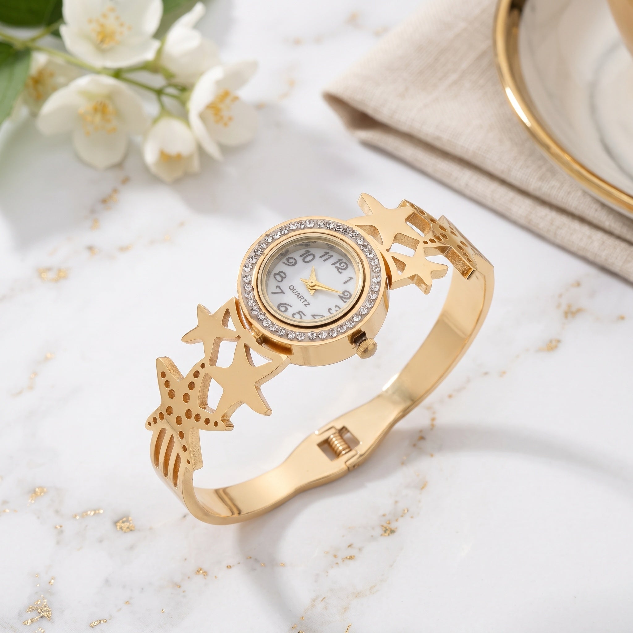 Celestia Charm – Premium Women's Gold Butterfly & Star Bracelet Quartz Watch
