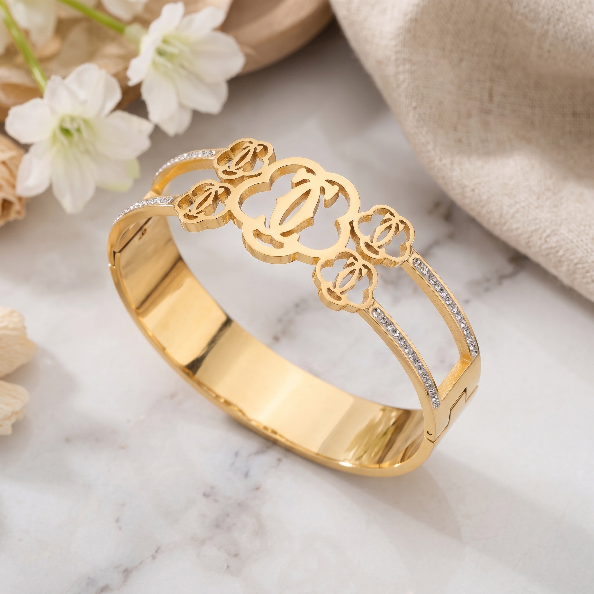 Floréa Luxe Cuff – Premium Women's Gold Floral Openwork Hinged Bangle Bracelet