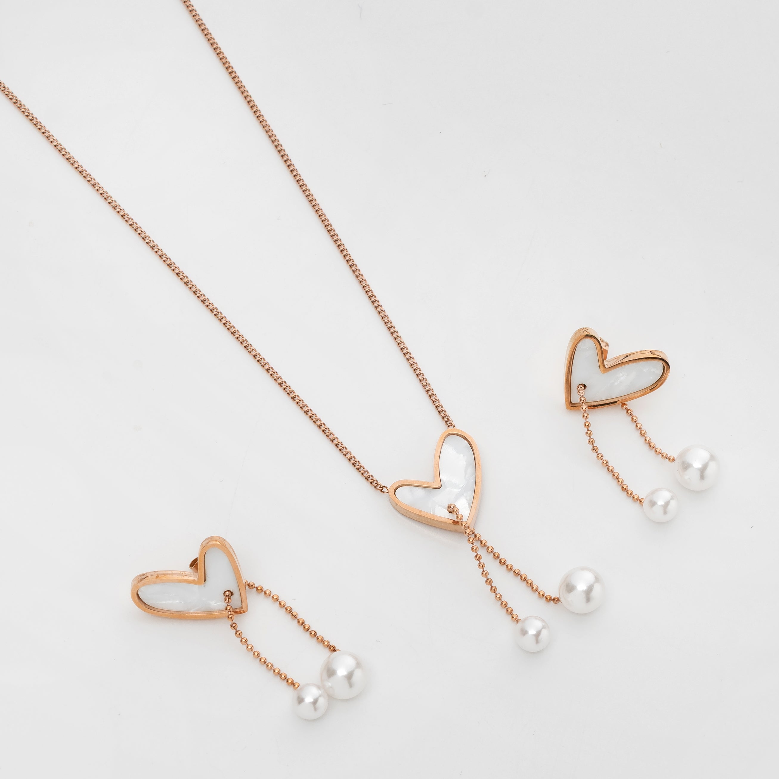 Pearl Heart Muse – Premium Rose Gold Heart Pendant Necklace & Earrings Set for Women