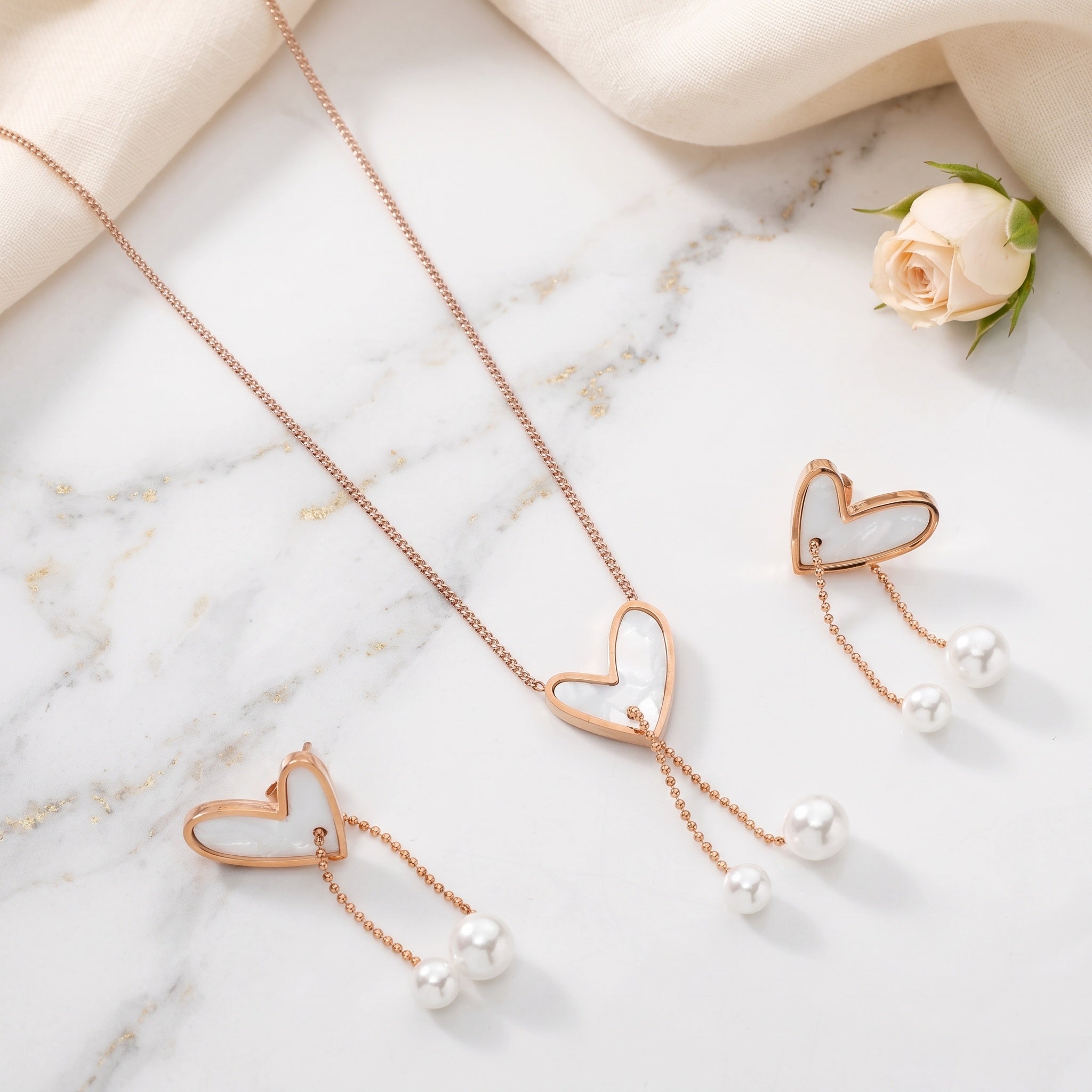 Pearl Heart Muse – Premium Rose Gold Heart Pendant Necklace & Earrings Set for Women