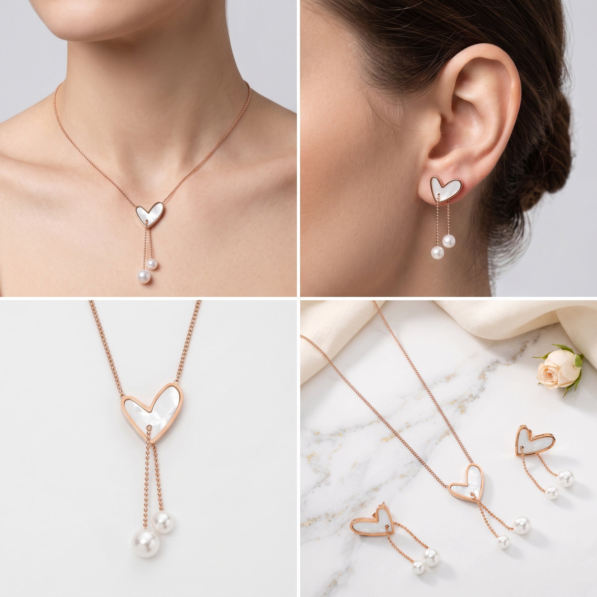 Pearl Heart Muse – Premium Rose Gold Heart Pendant Necklace & Earrings Set for Women