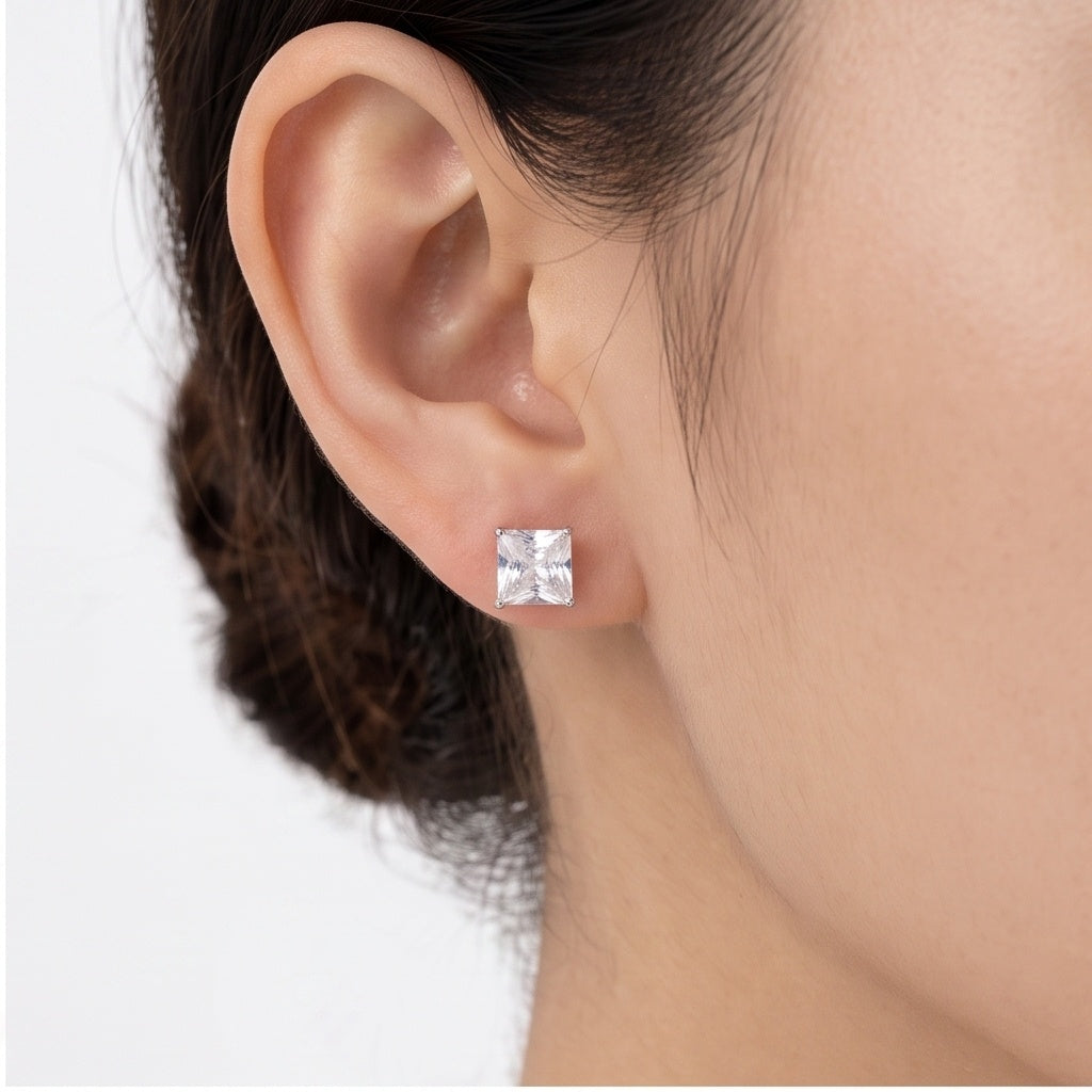 Imperia Square – Premium Silver Princess Cut Stud Earrings for Women