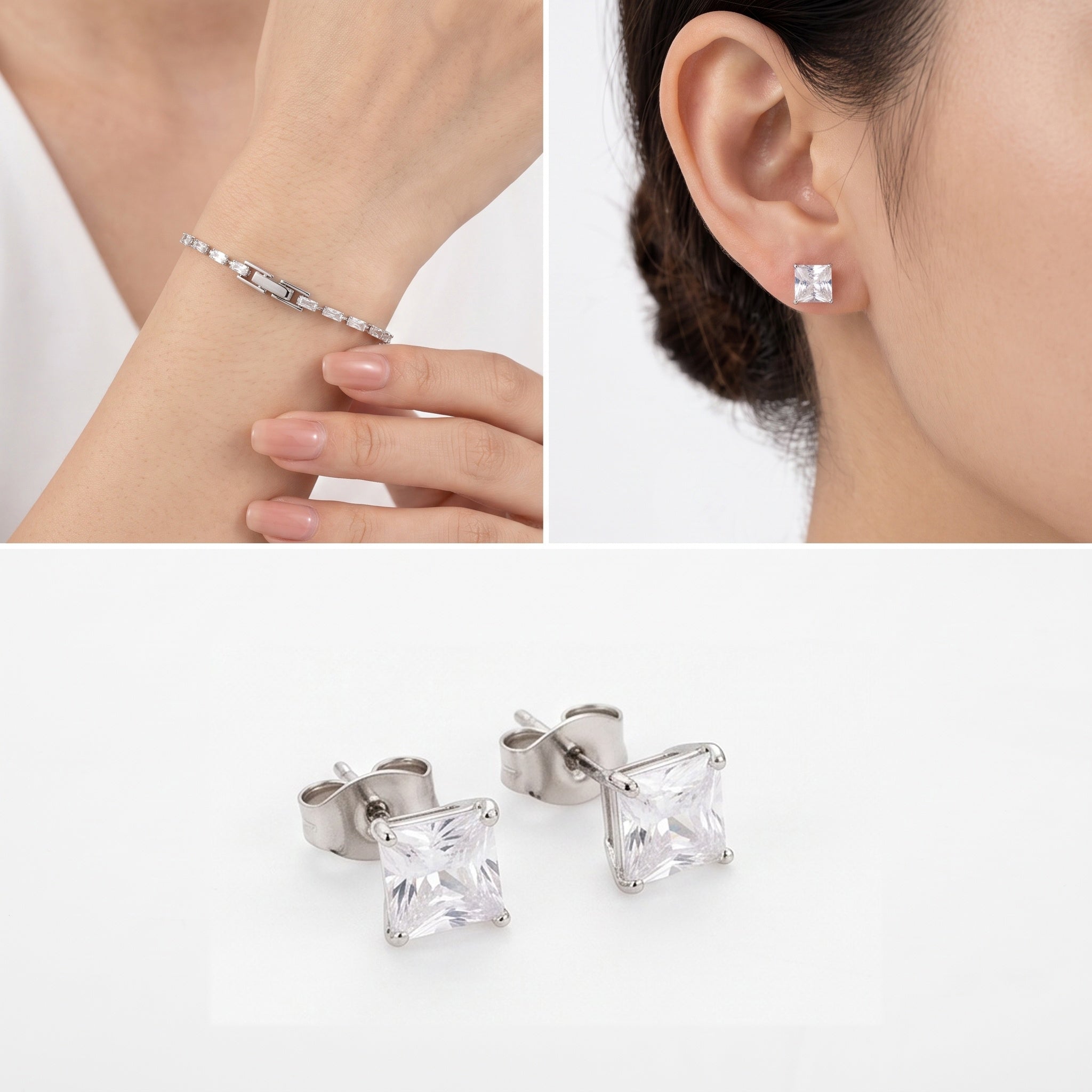 Imperia Square – Premium Silver Princess Cut Stud Earrings for Women