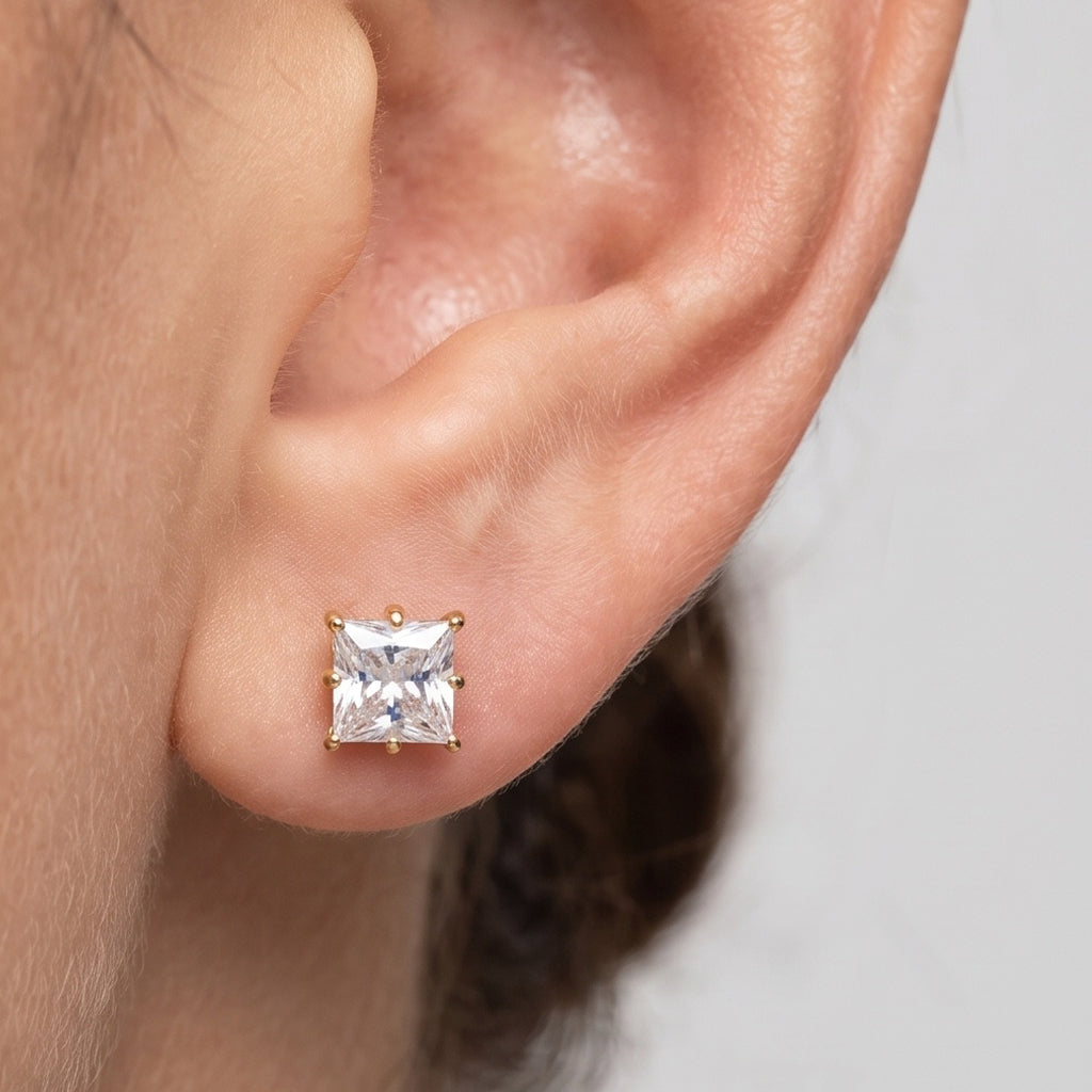Royal Prism – Premium Gold Princess Cut Stud Earrings for Women