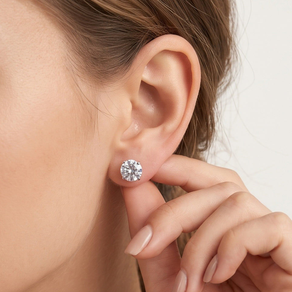 Luna Royale – Premium Silver Round Solitaire Stud Earrings for Women