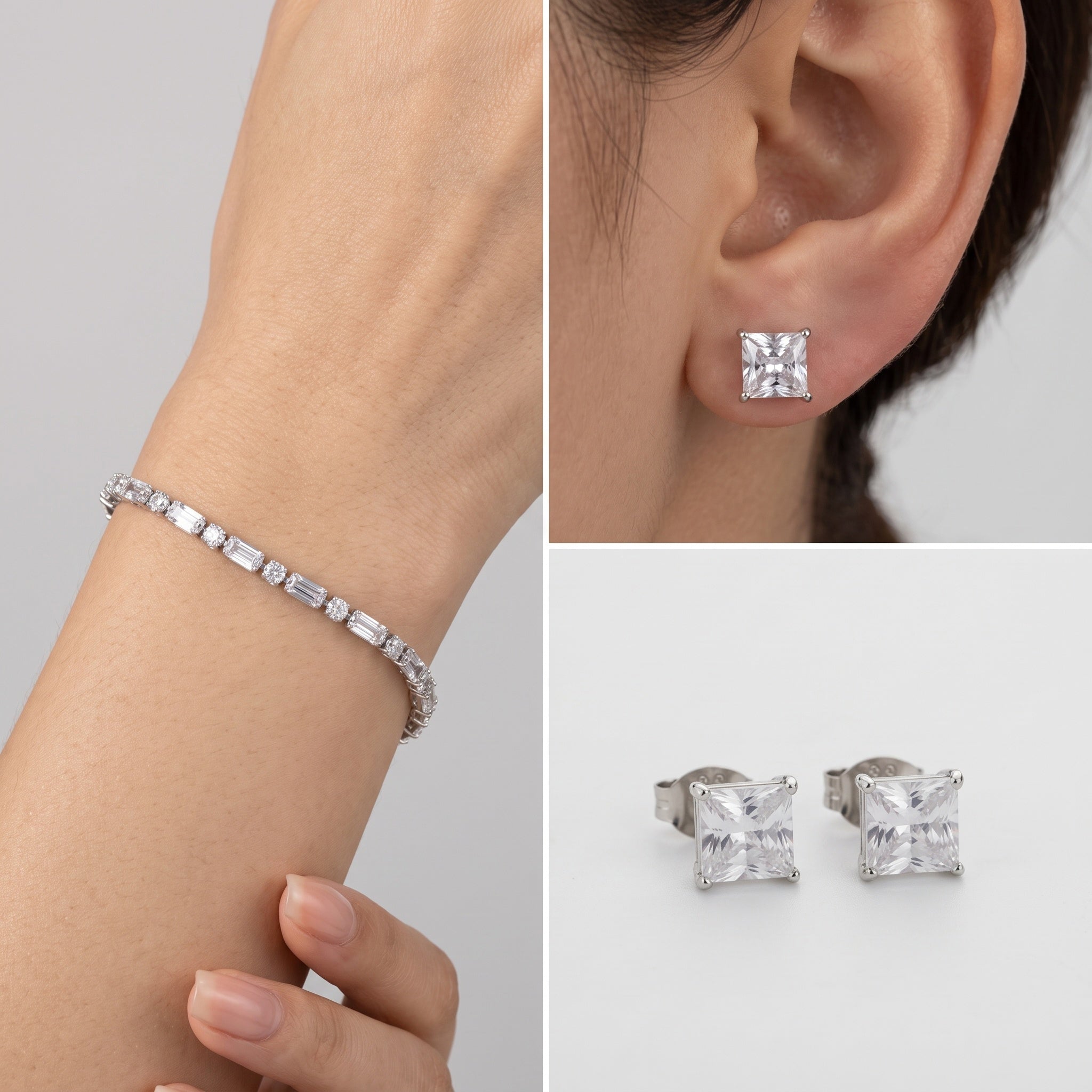 Prism Luxe – Premium Silver Princess Cut Stud Earrings for Women