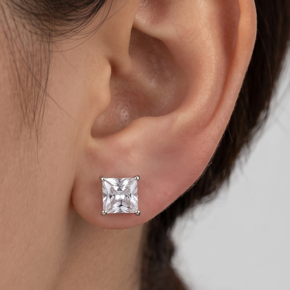 Prism Luxe – Premium Silver Princess Cut Stud Earrings for Women
