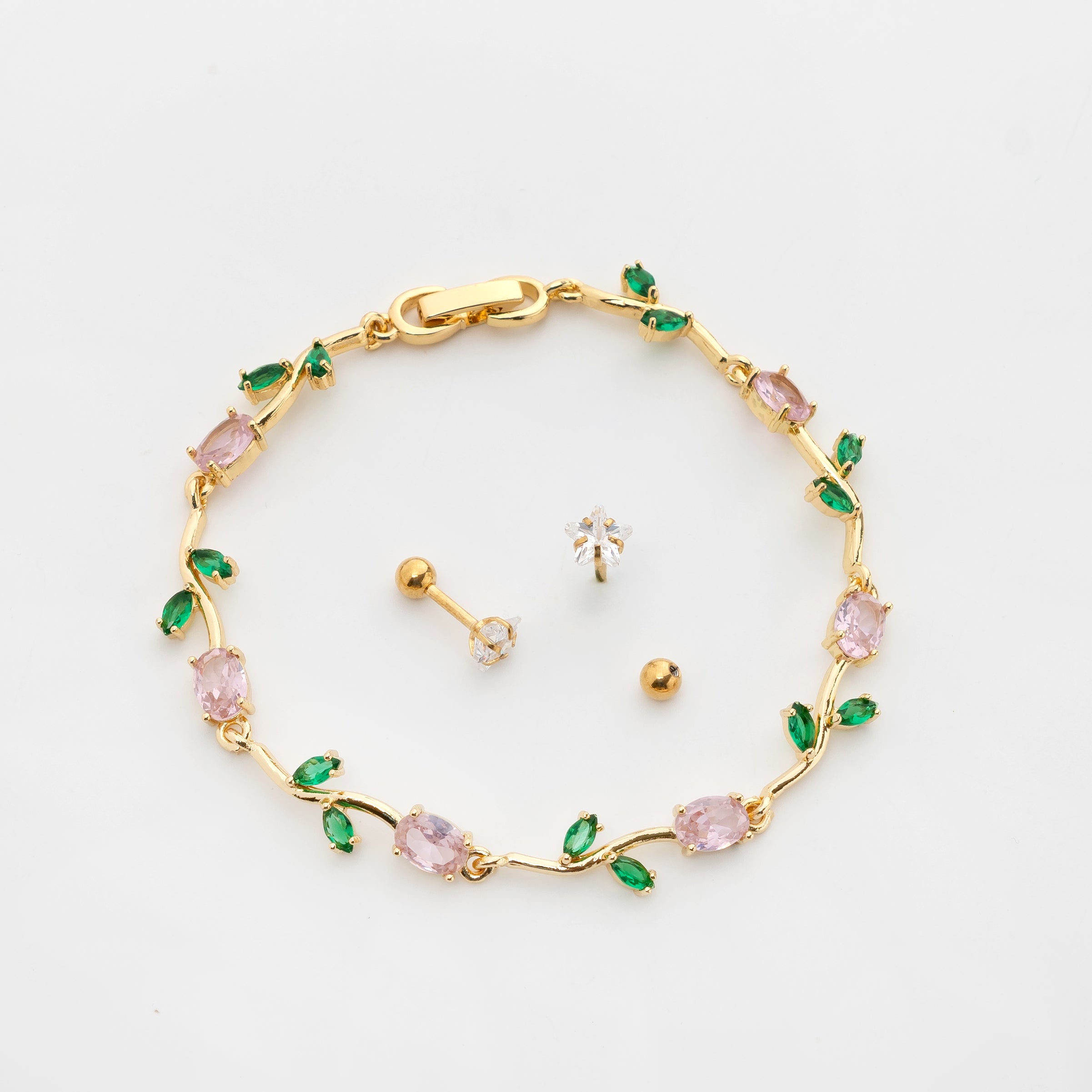 Blossom Luxe Set – Premium Gold Floral Gemstone Bracelet & Star Crystal Stud Earrings for Women