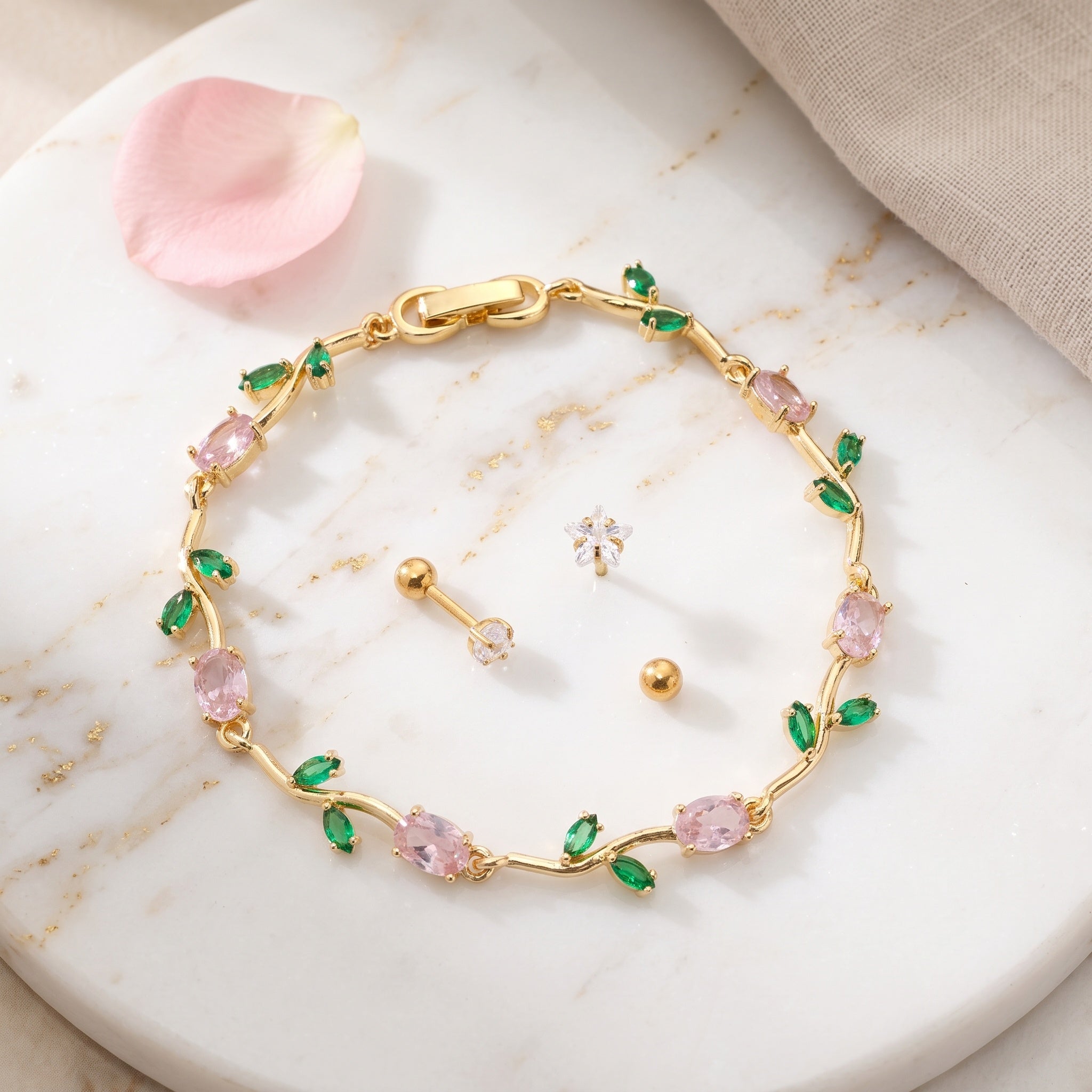 Blossom Luxe Set – Premium Gold Floral Gemstone Bracelet & Star Crystal Stud Earrings for Women