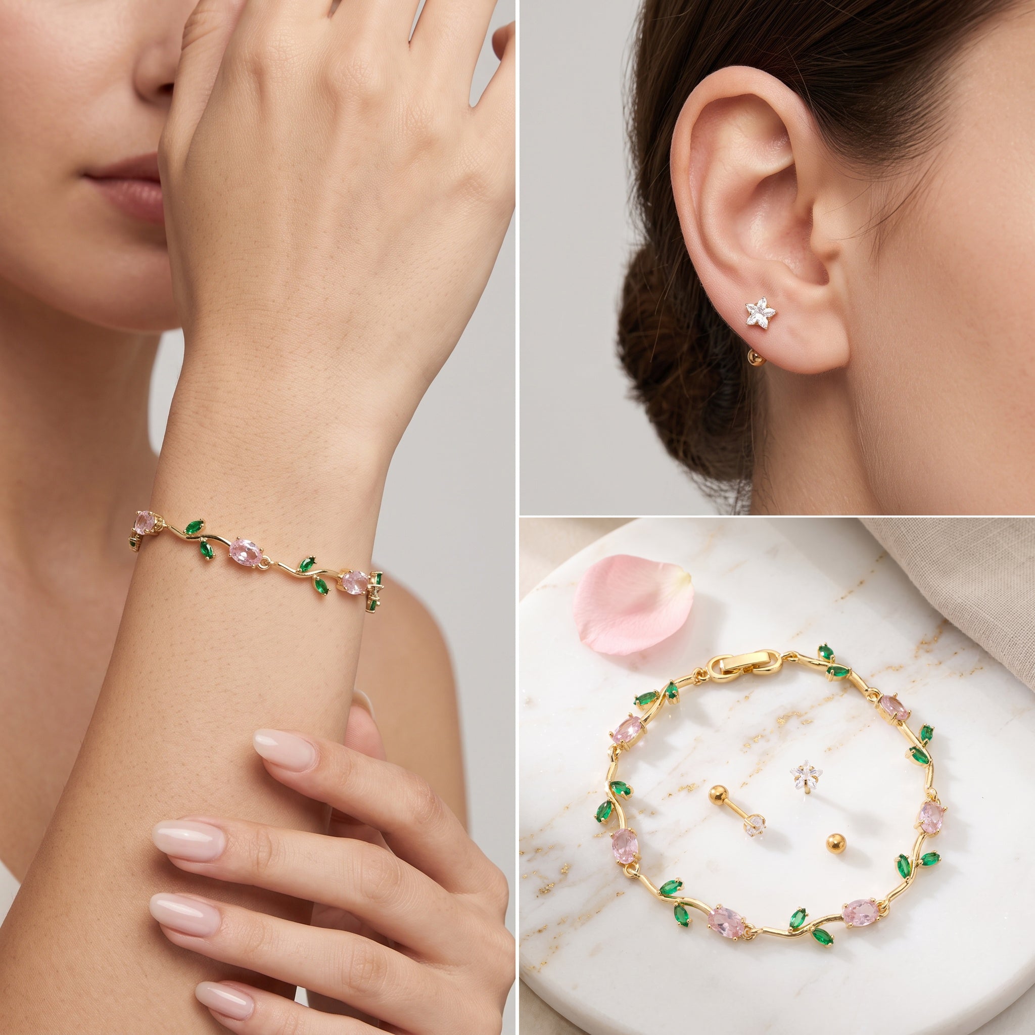 Blossom Luxe Set – Premium Gold Floral Gemstone Bracelet & Star Crystal Stud Earrings for Women