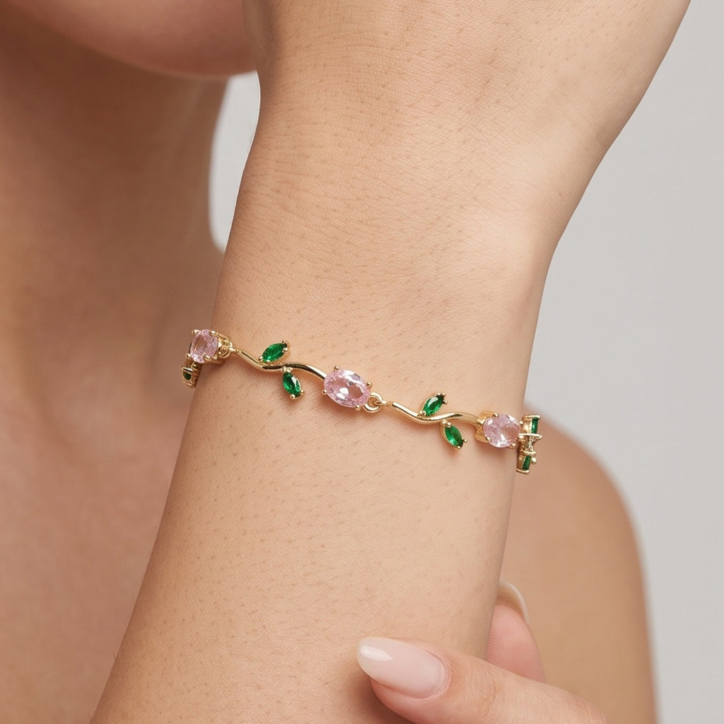 Blossom Luxe Set – Premium Gold Floral Gemstone Bracelet & Star Crystal Stud Earrings for Women