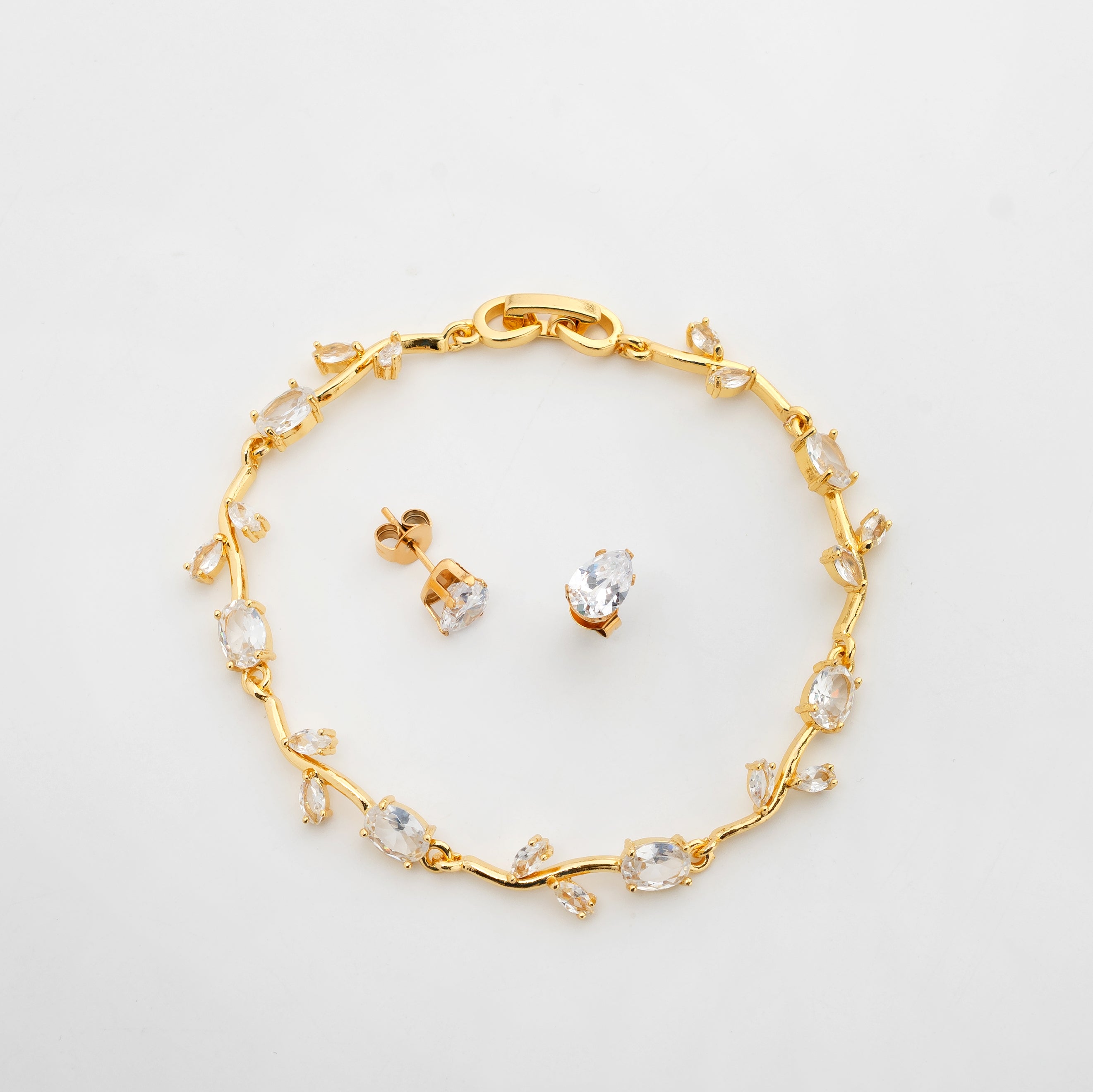 Celeste Bloom Set – Premium Gold Floral Bracelet & Pear Halo Stud Earrings for Women