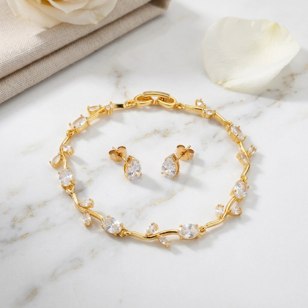 Celeste Bloom Set – Premium Gold Floral Bracelet & Pear Halo Stud Earrings for Women