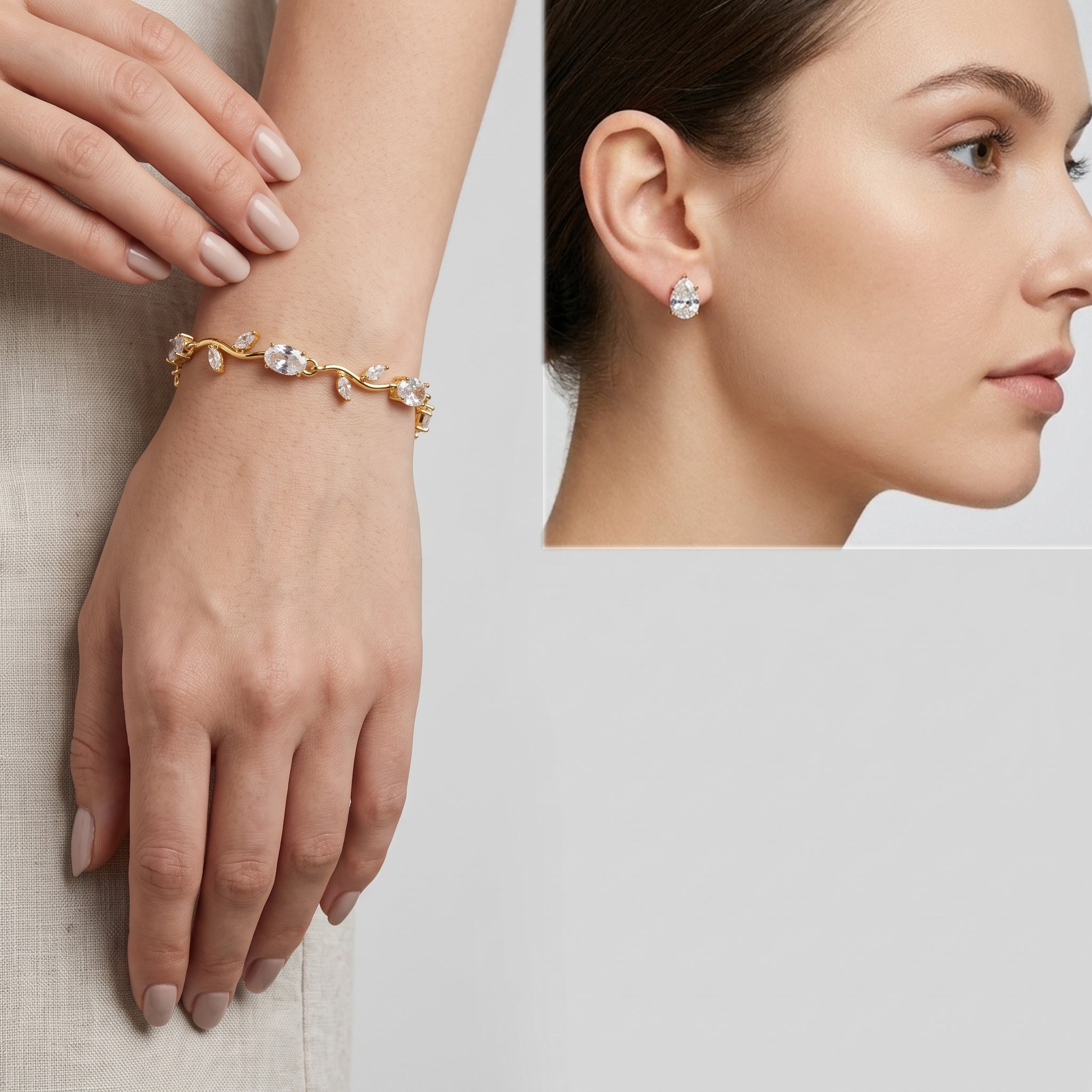 Celeste Bloom Set – Premium Gold Floral Bracelet & Pear Halo Stud Earrings for Women