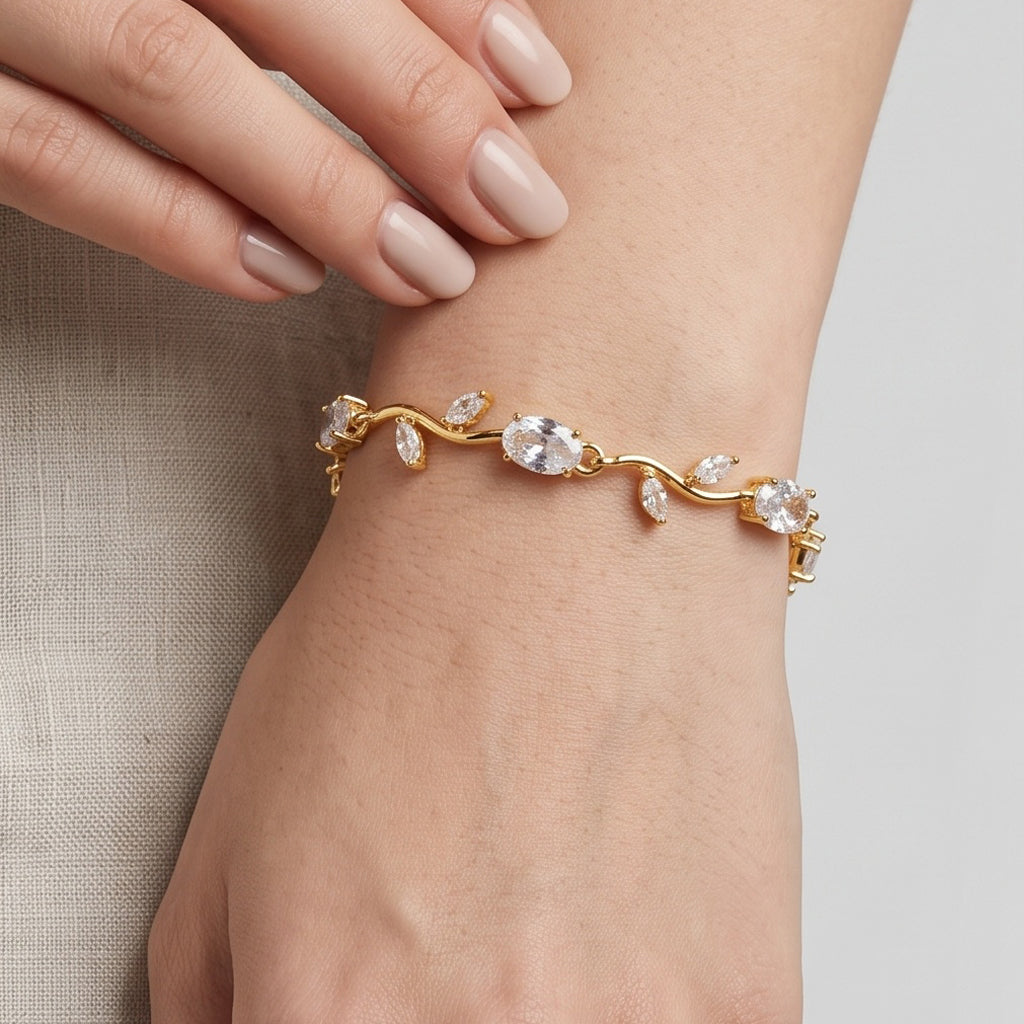 Celeste Bloom Set – Premium Gold Floral Bracelet & Pear Halo Stud Earrings for Women