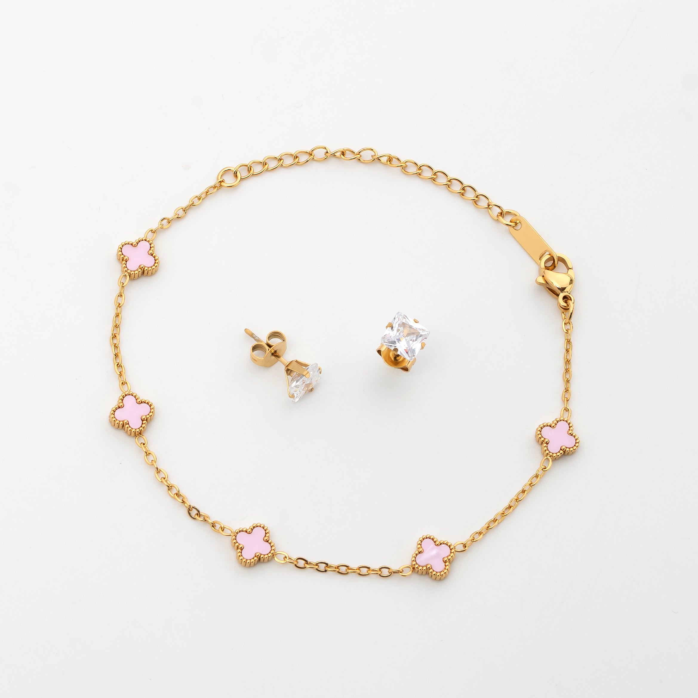 Rosé Clover Set – Premium Gold Clover Charm Bracelet & Princess Cut Stud Earrings for Women