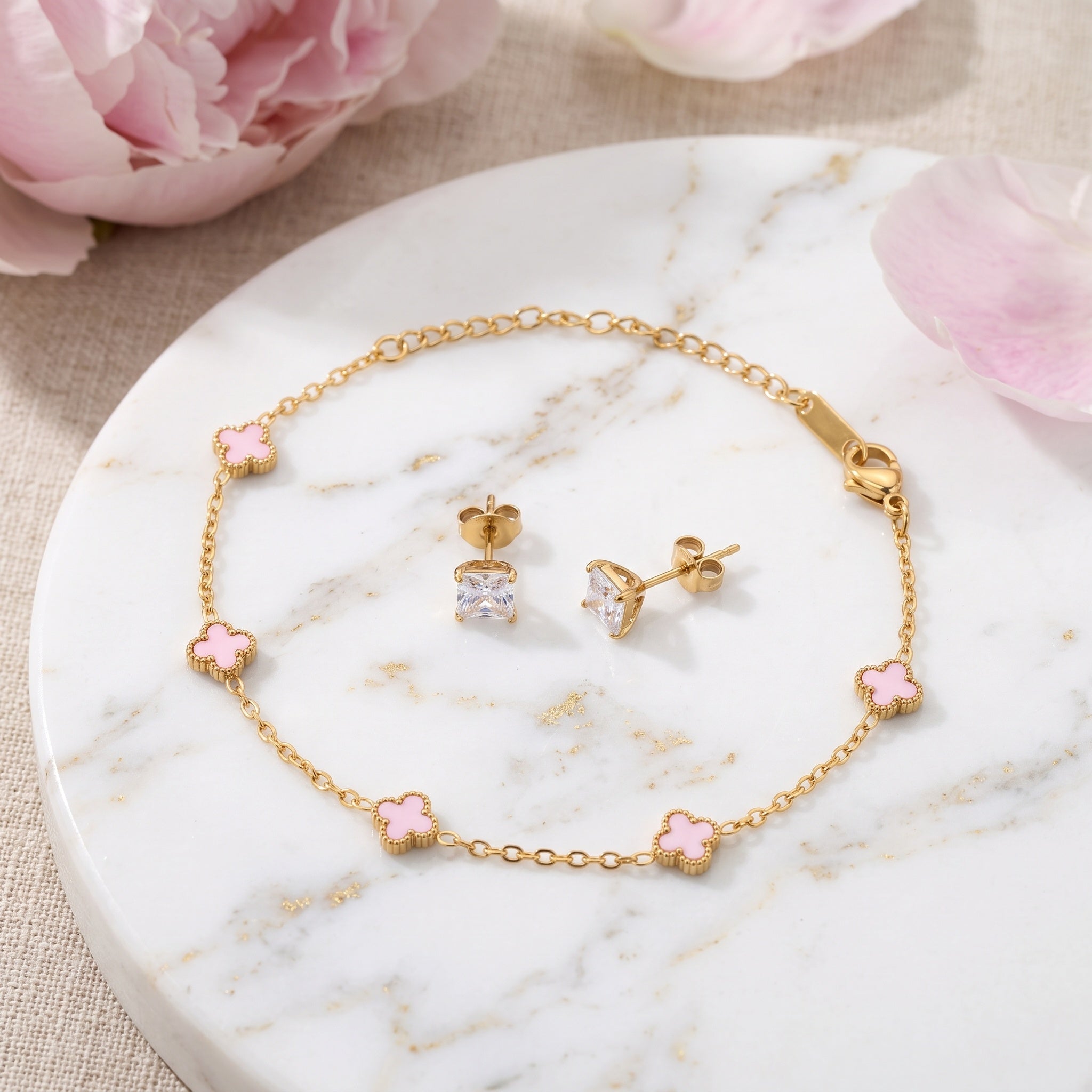 Rosé Clover Set – Premium Gold Clover Charm Bracelet & Princess Cut Stud Earrings for Women