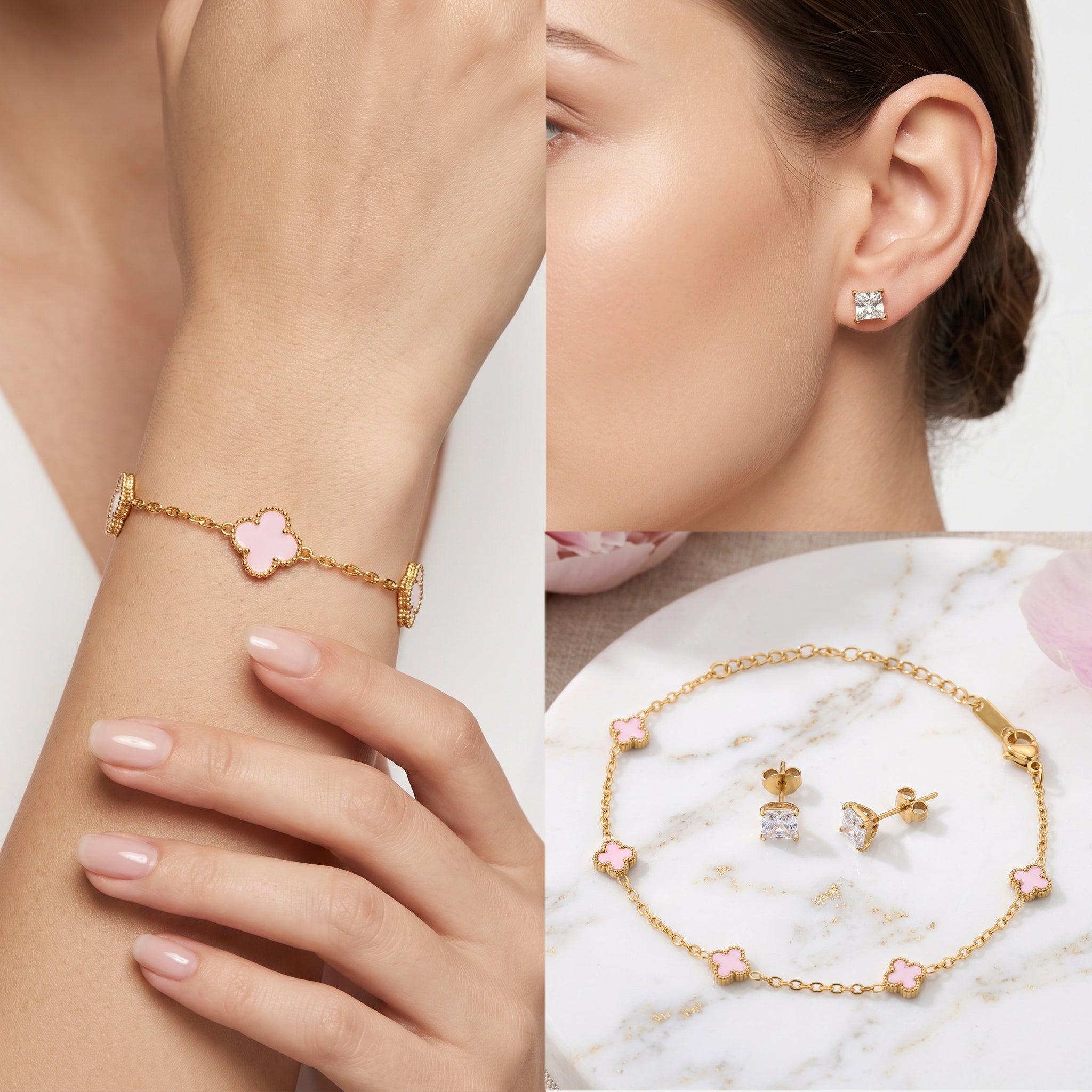 Rosé Clover Set – Premium Gold Clover Charm Bracelet & Princess Cut Stud Earrings for Women