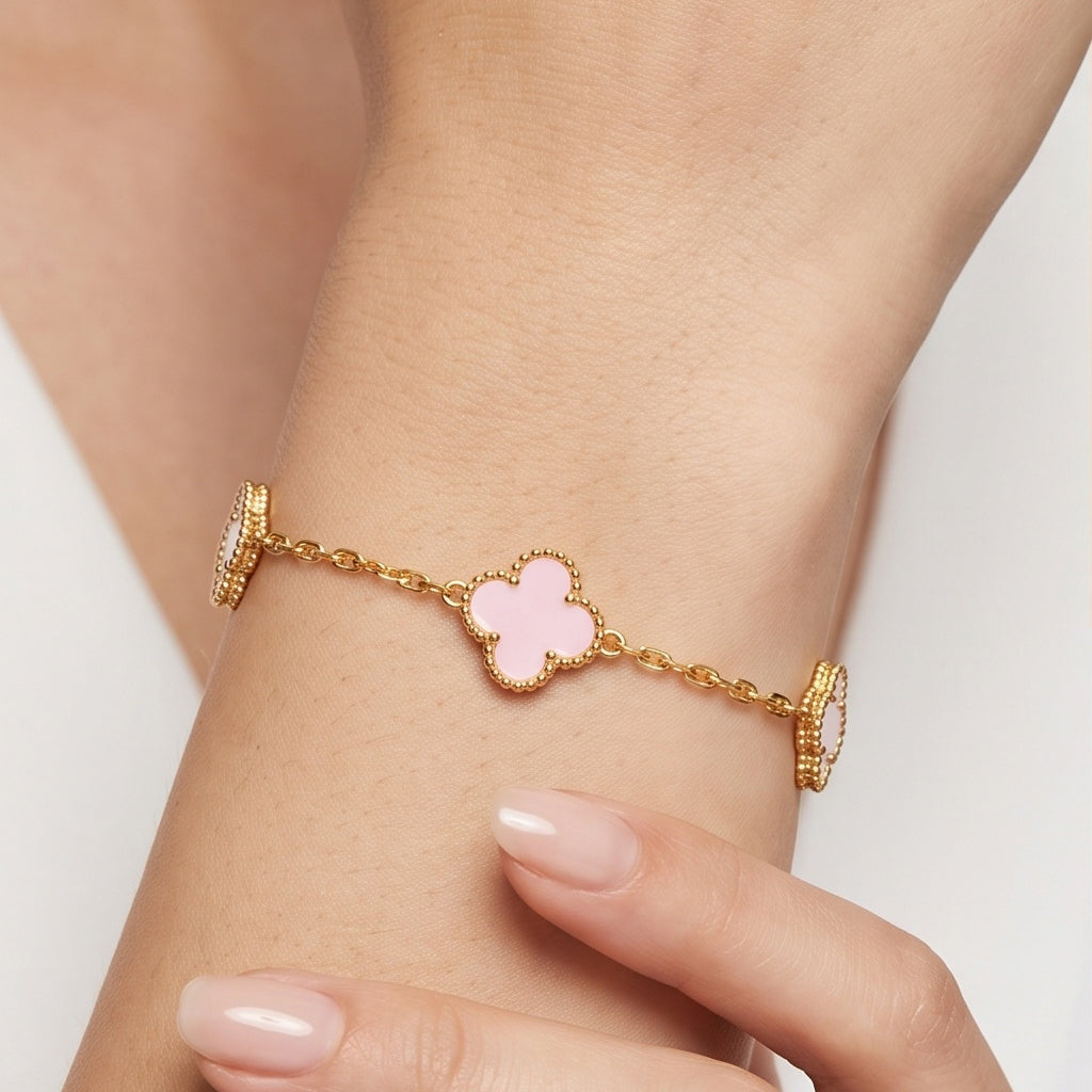 Rosé Clover Set – Premium Gold Clover Charm Bracelet & Princess Cut Stud Earrings for Women