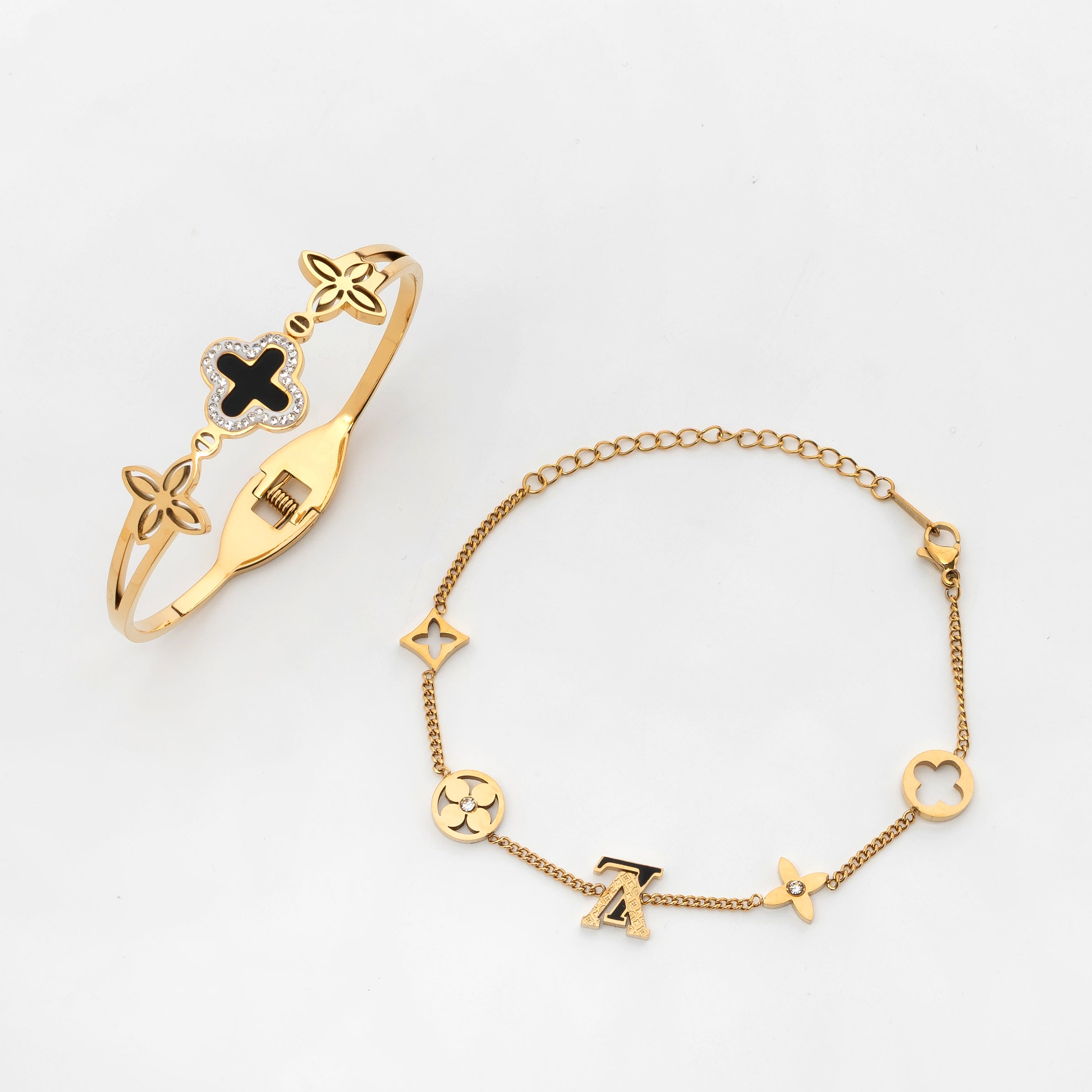 Noir Clover Cuff – Premium Gold Floral Open Bracelet Combo for Women