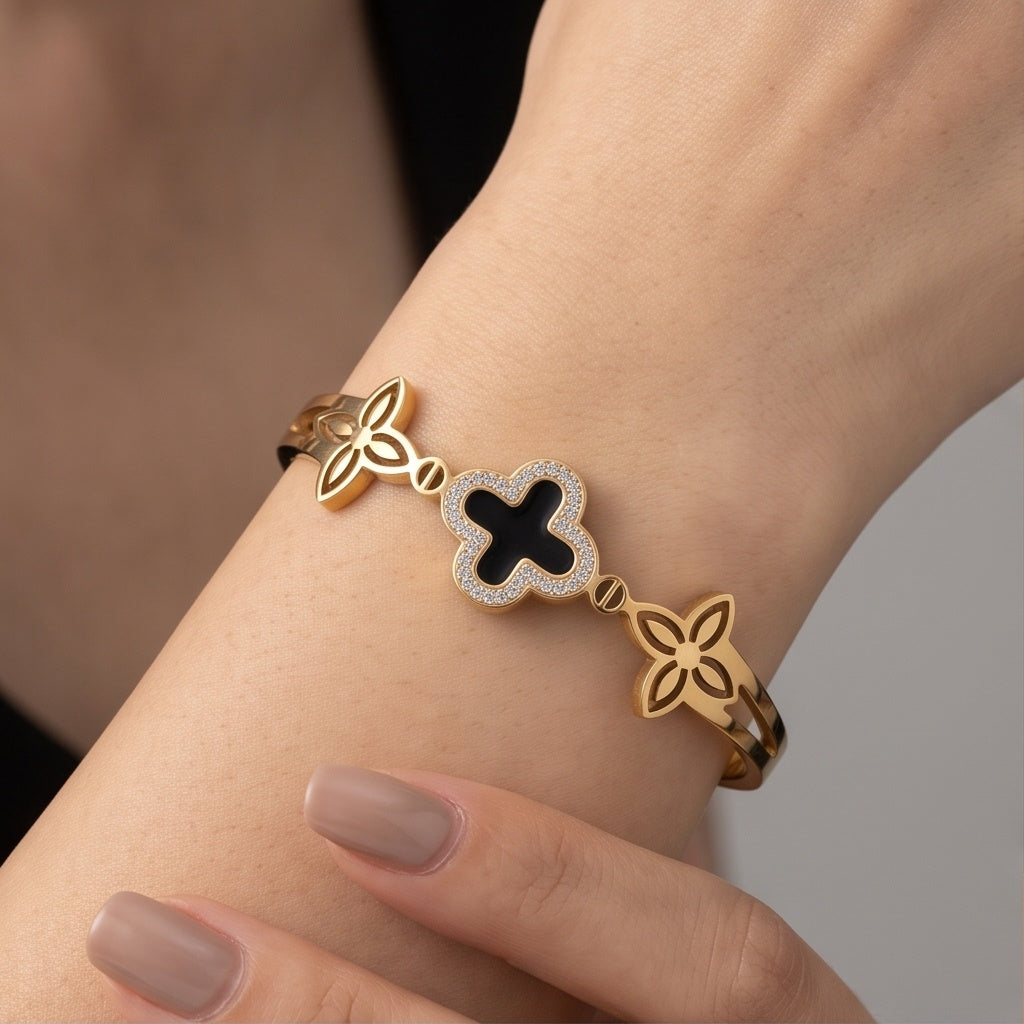 Noir Clover Cuff – Premium Gold Floral Open Bracelet Combo for Women