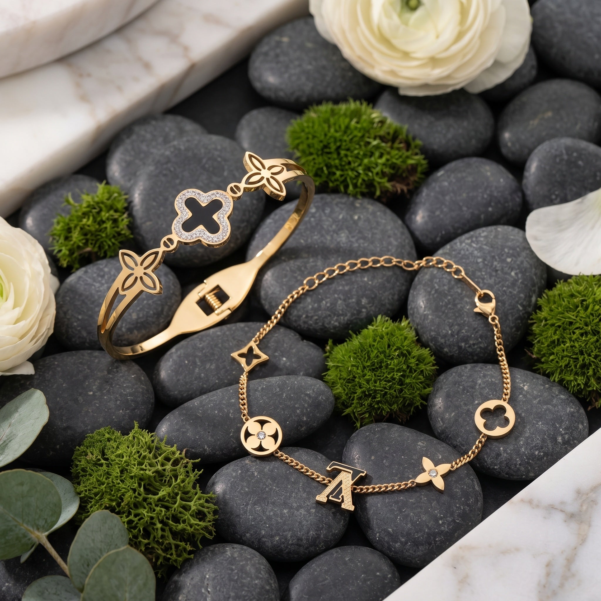 Noir Clover Cuff – Premium Gold Floral Open Bracelet Combo for Women