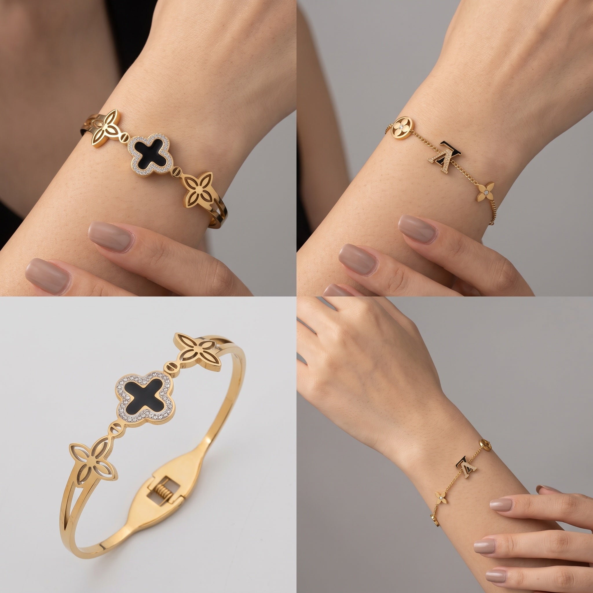 Noir Clover Cuff – Premium Gold Floral Open Bracelet Combo for Women