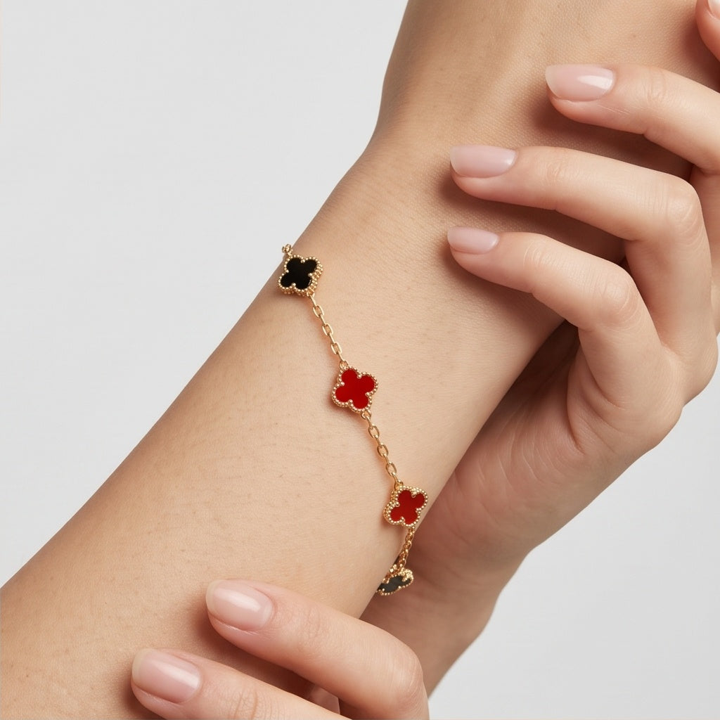 Monarch Clover Duo – Premium Gold Bangle & Chain Bracelet Set for Women