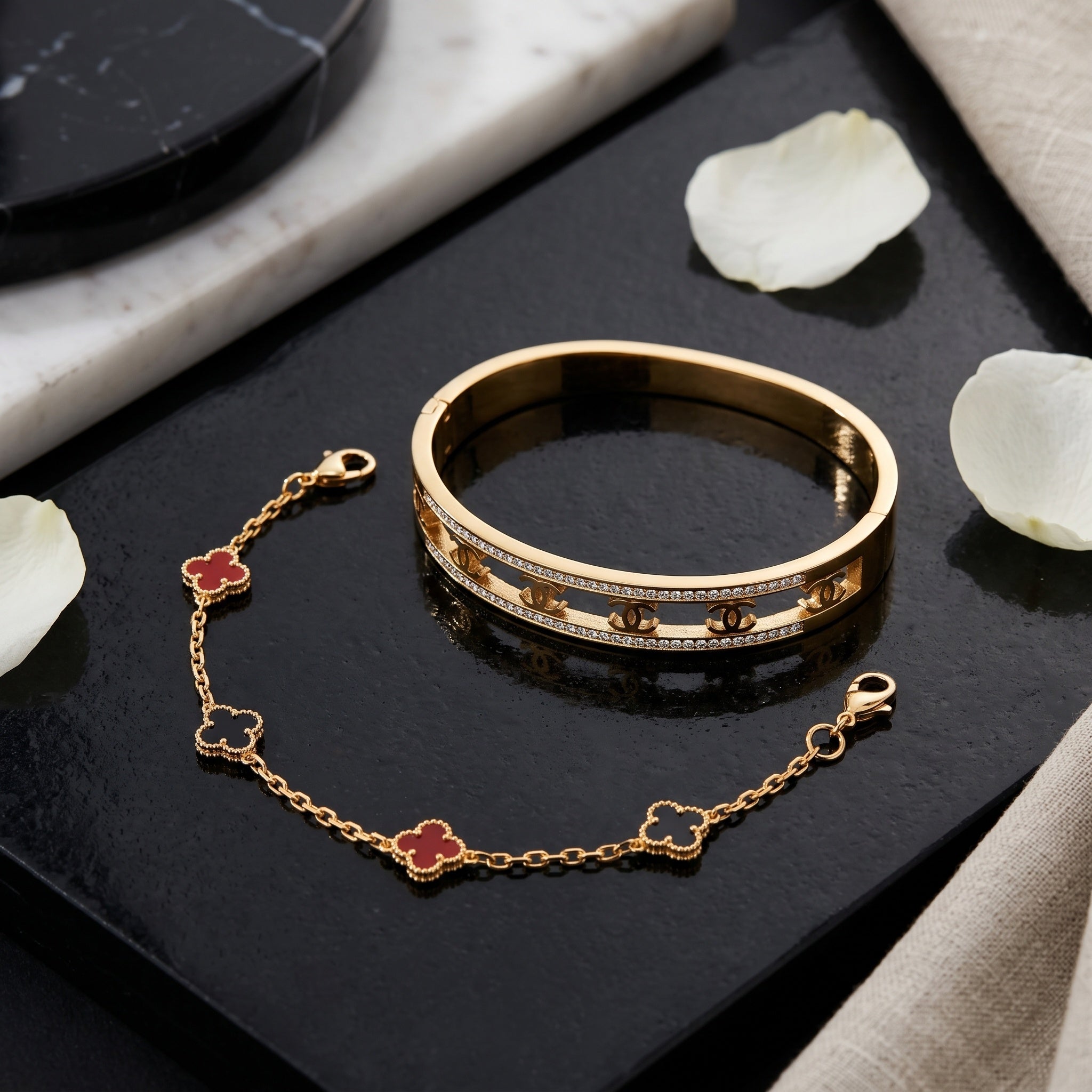 Monarch Clover Duo – Premium Gold Bangle & Chain Bracelet Set for Women