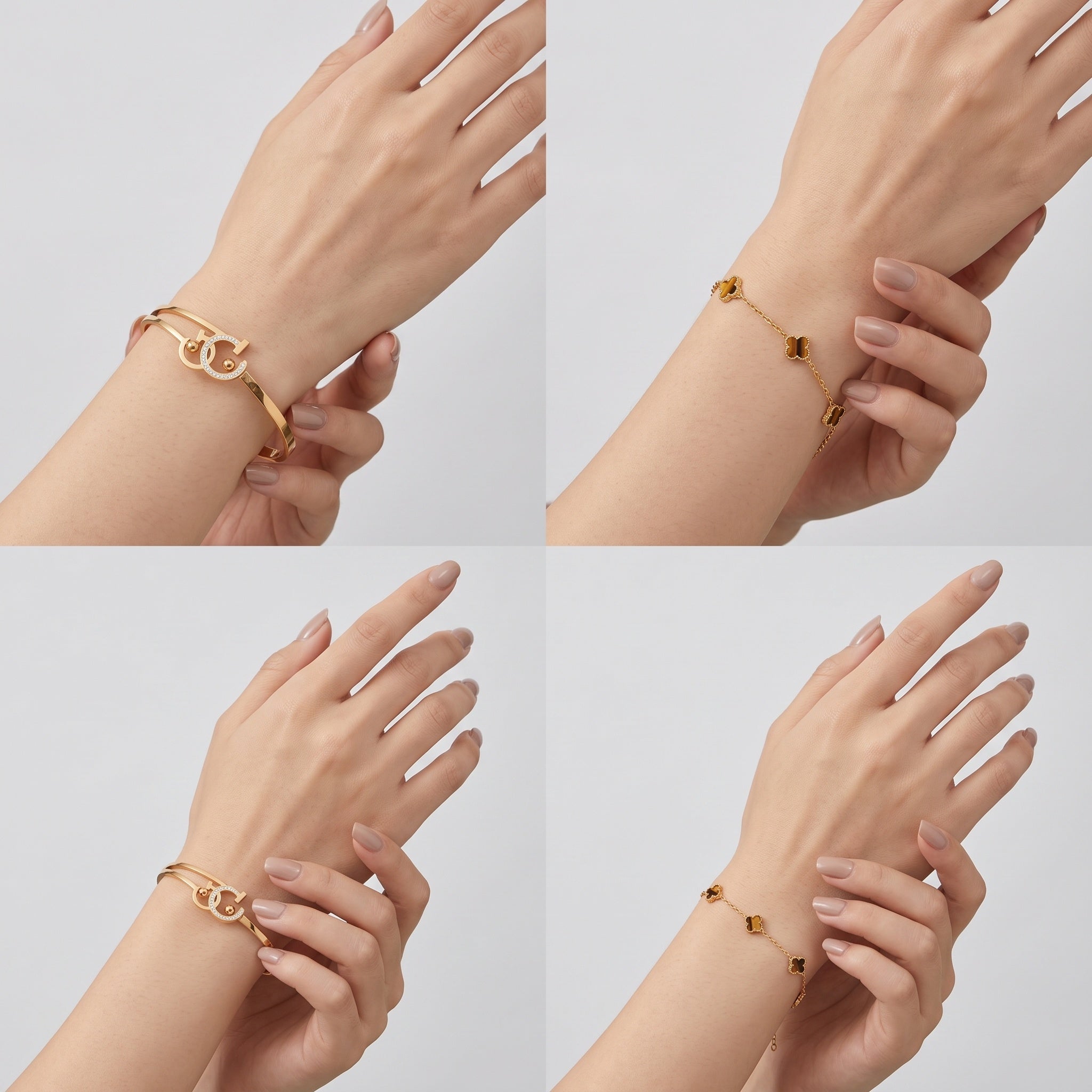 Noir Halo Duo – Premium Gold Open Cuff & Clover Chain Bracelet Set for Women