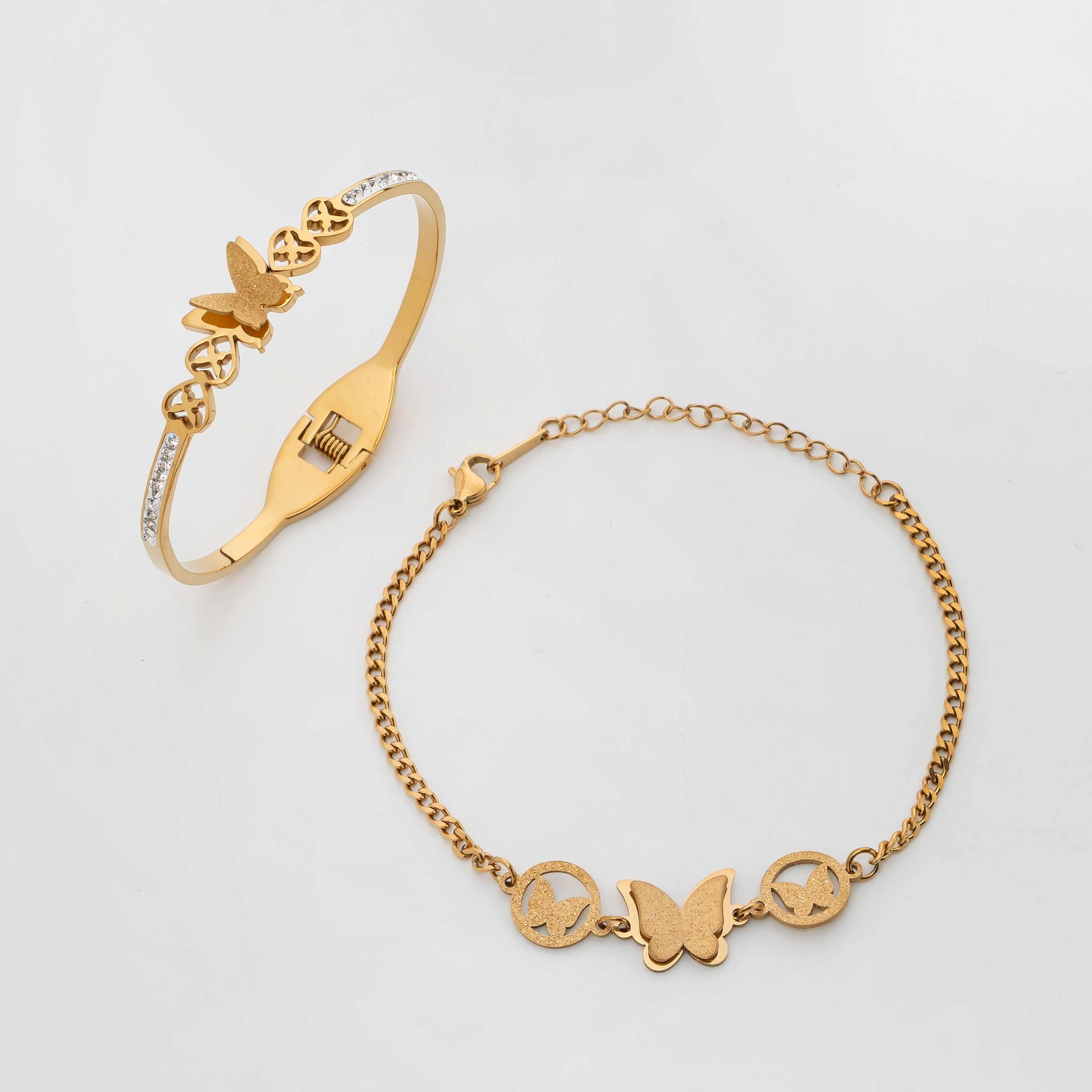 Aurelia Butterfly Duo – Premium Gold Butterfly Bangle & Chain Bracelet Set for Women