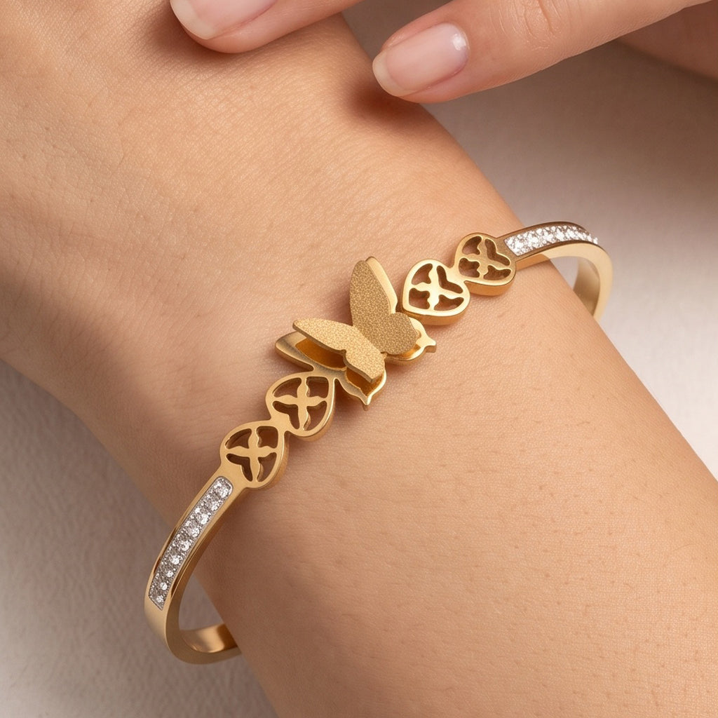Aurelia Butterfly Duo – Premium Gold Butterfly Bangle & Chain Bracelet Set for Women