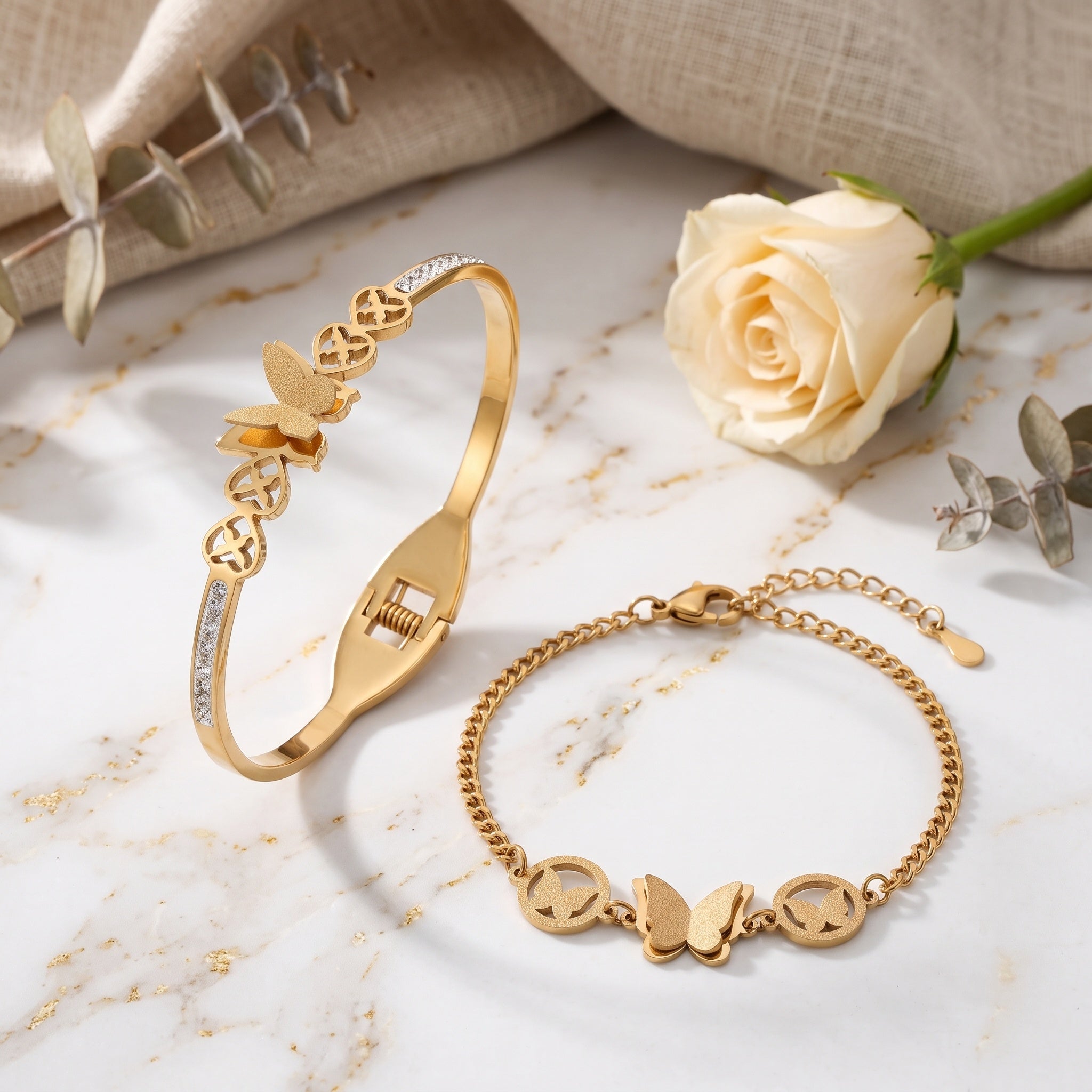 Aurelia Butterfly Duo – Premium Gold Butterfly Bangle & Chain Bracelet Set for Women