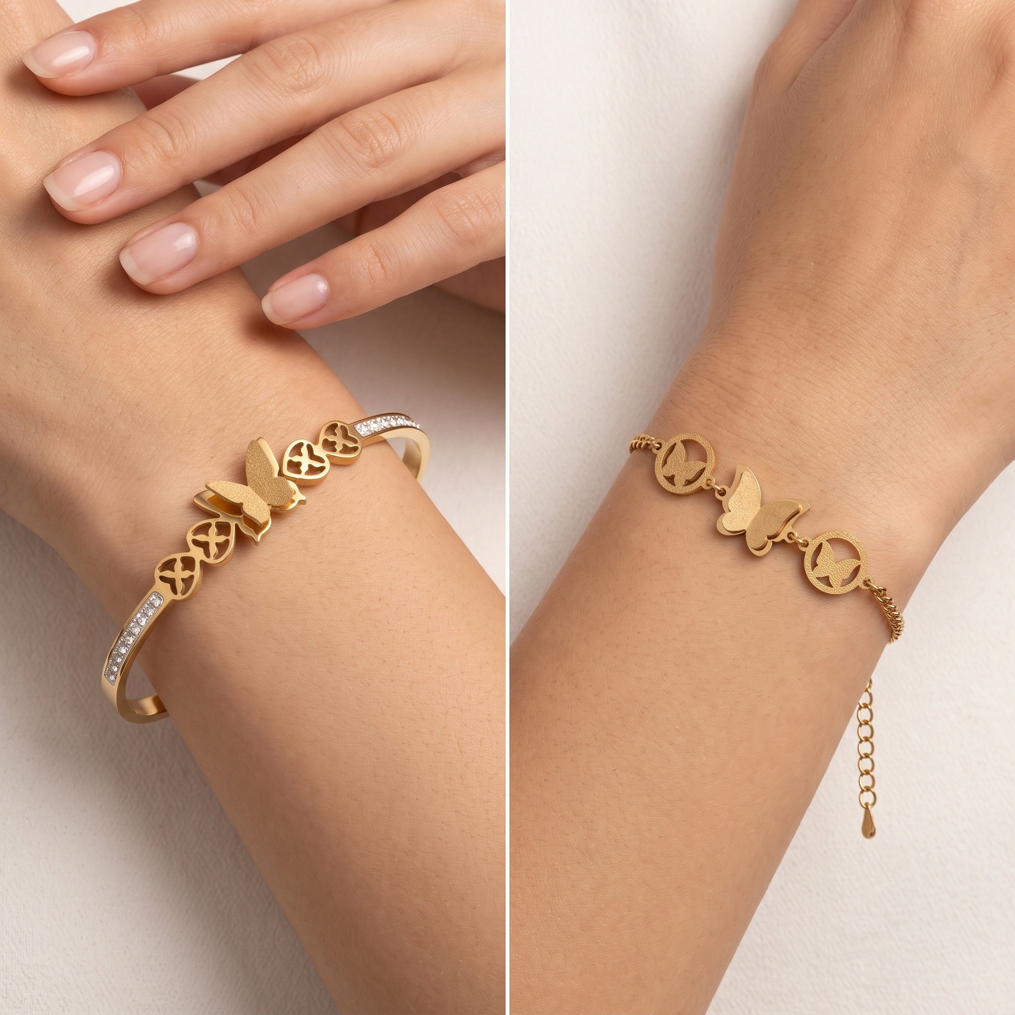 Aurelia Butterfly Duo – Premium Gold Butterfly Bangle & Chain Bracelet Set for Women