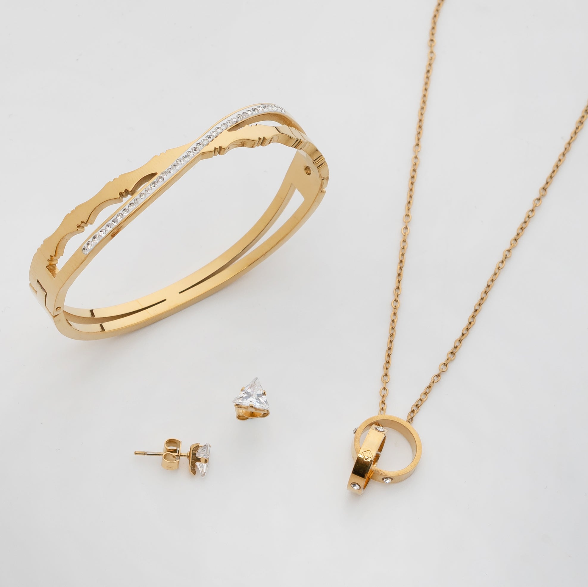Luxe Orbit Set – Premium Gold Geometric Necklace, Crystal Bangle & Stud Earrings for Women