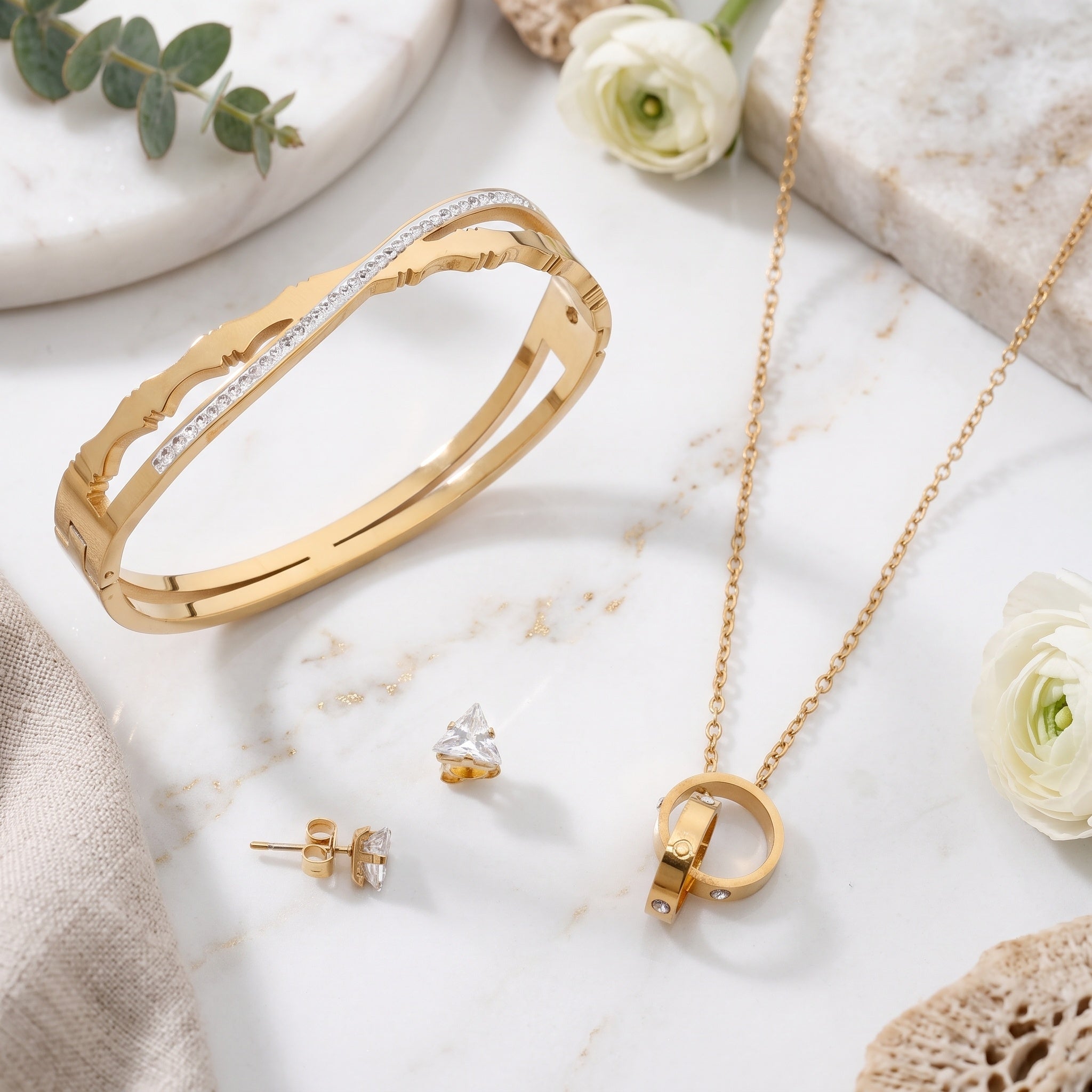Luxe Orbit Set – Premium Gold Geometric Necklace, Crystal Bangle & Stud Earrings for Women