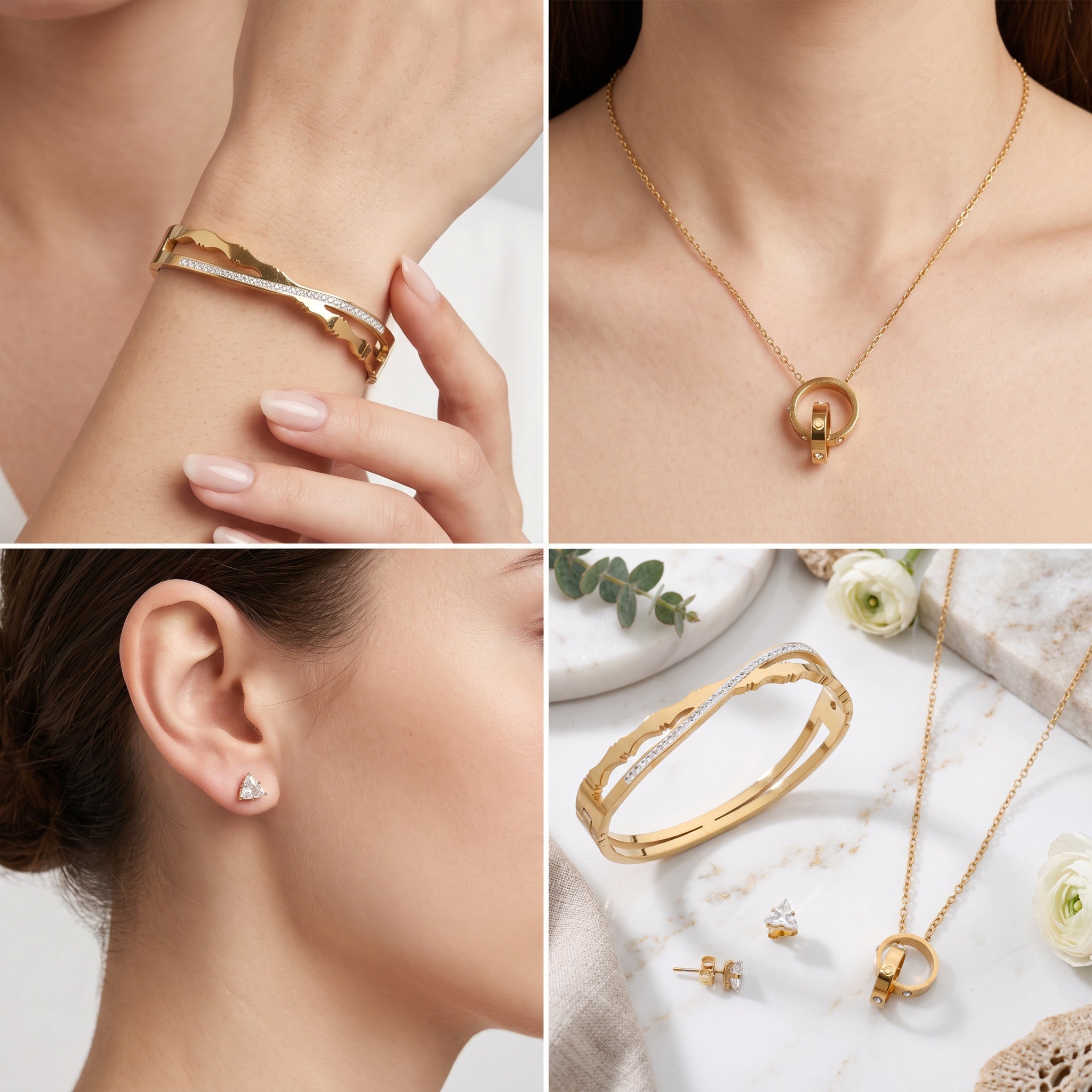 Luxe Orbit Set – Premium Gold Geometric Necklace, Crystal Bangle & Stud Earrings for Women