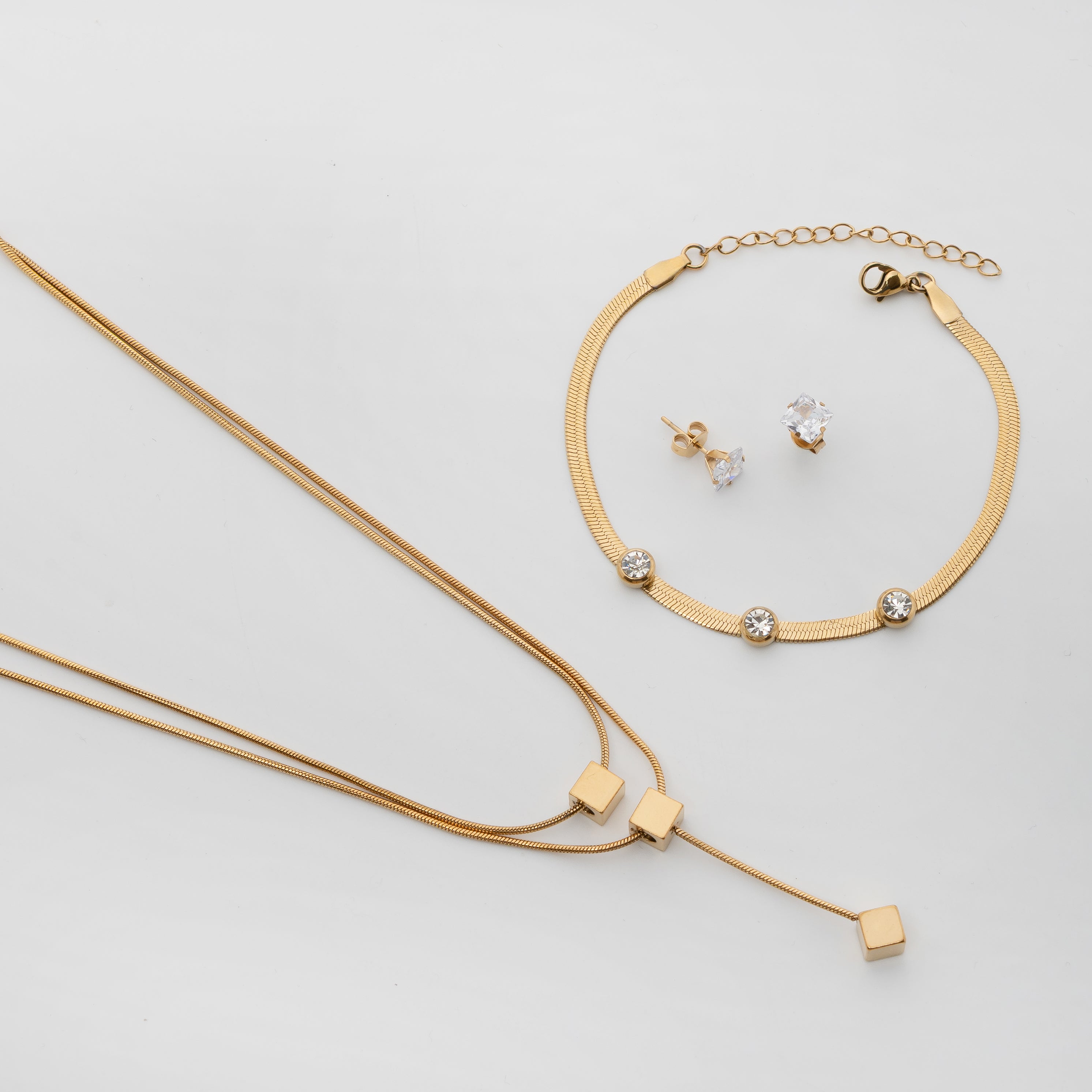 Auric Cube Set – Premium Gold Geometric Necklace, Crystal Bangle & Stud Earrings for Women