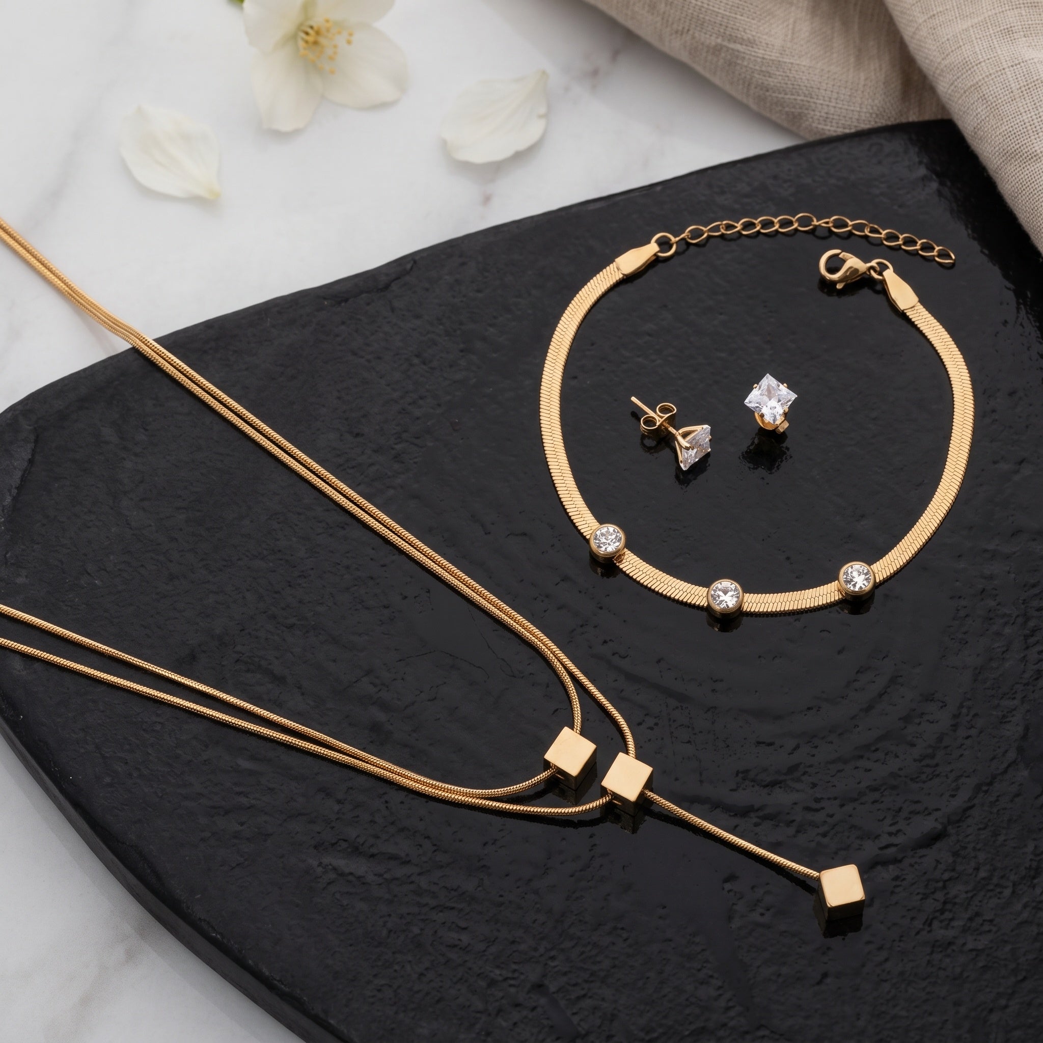Auric Cube Set – Premium Gold Geometric Necklace, Crystal Bangle & Stud Earrings for Women