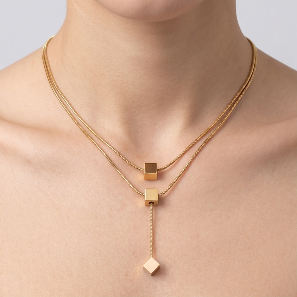 Auric Cube Set – Premium Gold Geometric Necklace, Crystal Bangle & Stud Earrings for Women