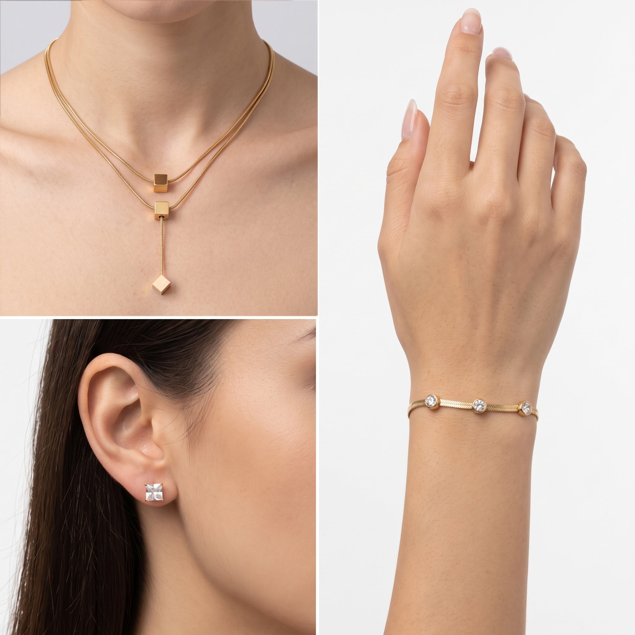 Auric Cube Set – Premium Gold Geometric Necklace, Crystal Bangle & Stud Earrings for Women