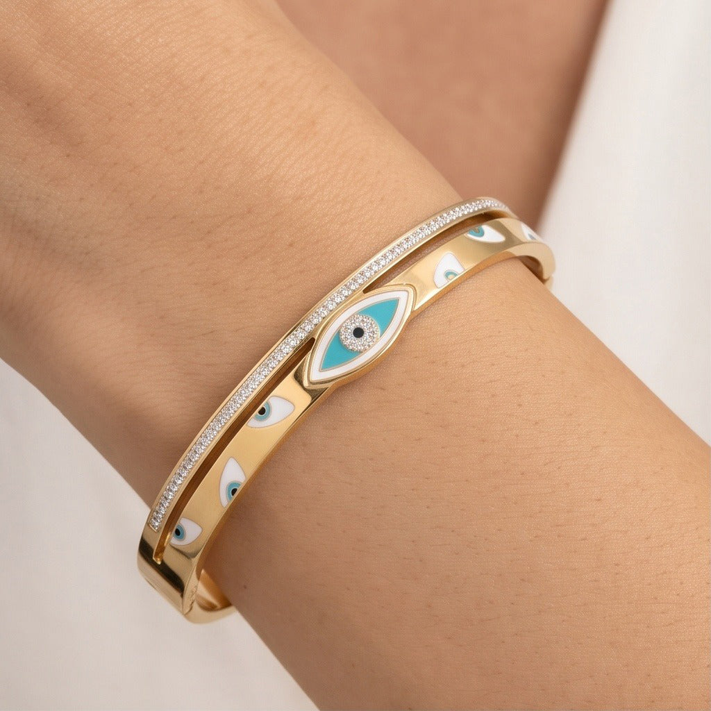 Astra Eye Cuff – Premium Gold Evil Eye Enamel Bracelet for Women