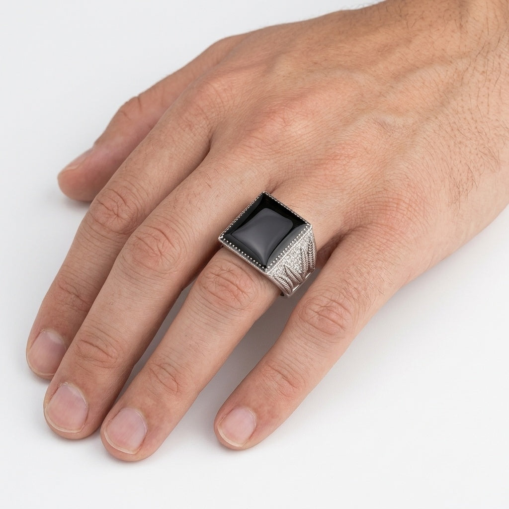 Obsidian Crown Ring – Premium Signet Ring in Silver & Black Stone