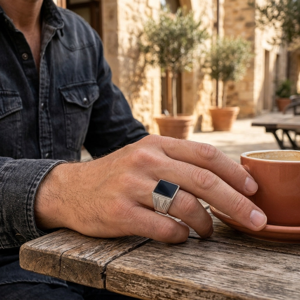 Obsidian Crown Ring – Premium Signet Ring in Silver & Black Stone